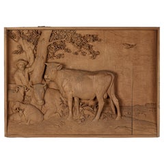 Antique Black Forest Limewood Carved Panel, Cattle Scene