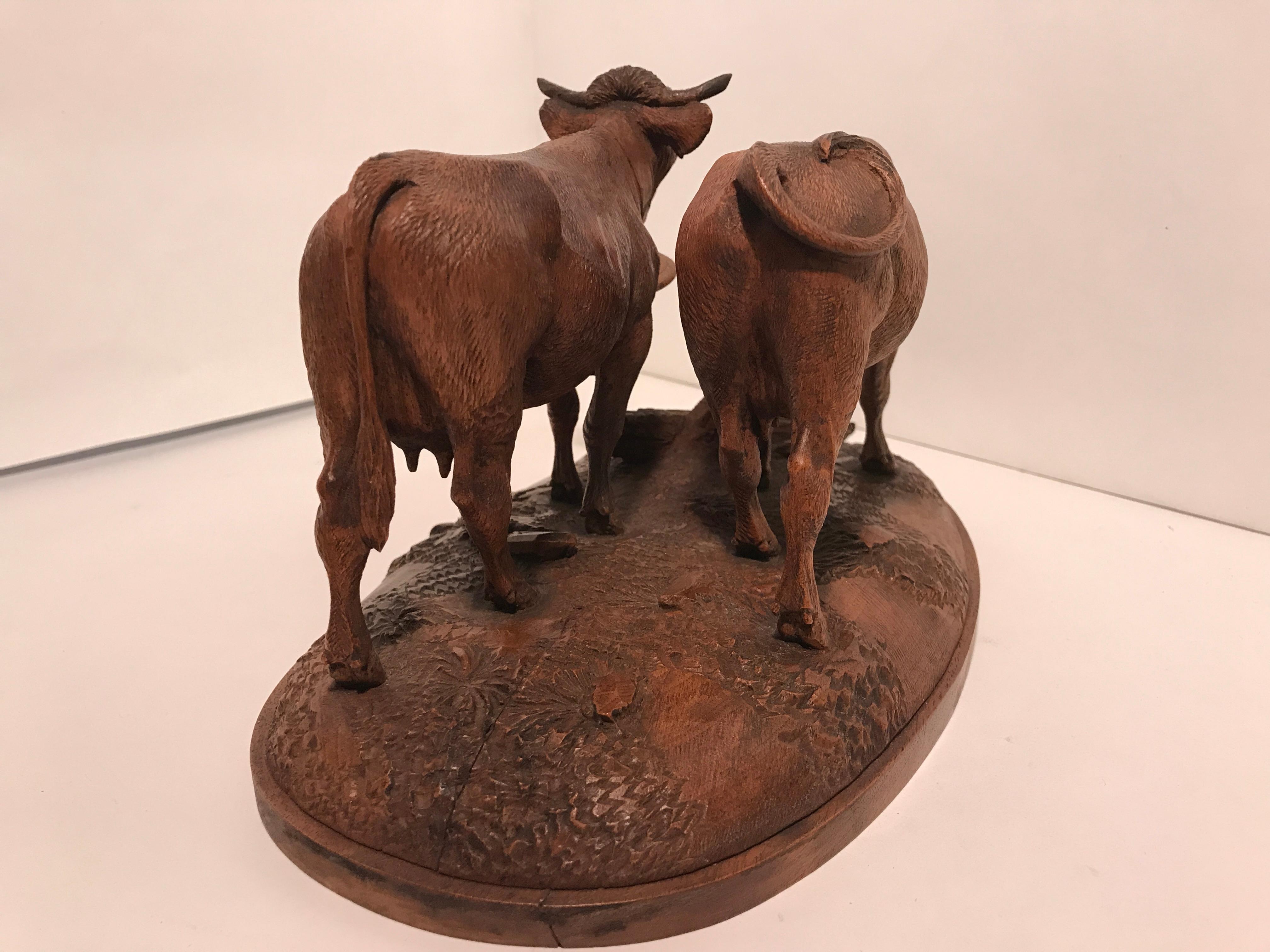 Black Forest hand carved walnut sculpture of two milking cows, one wearing a bell around its neck. Typical image of Swiss cows. Very fine realistic carving in excellent condition. Original label on the bottom reads:

Magasin Suisse
C.