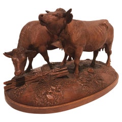 Antique Black Forest Limewood Carving of Two Cows