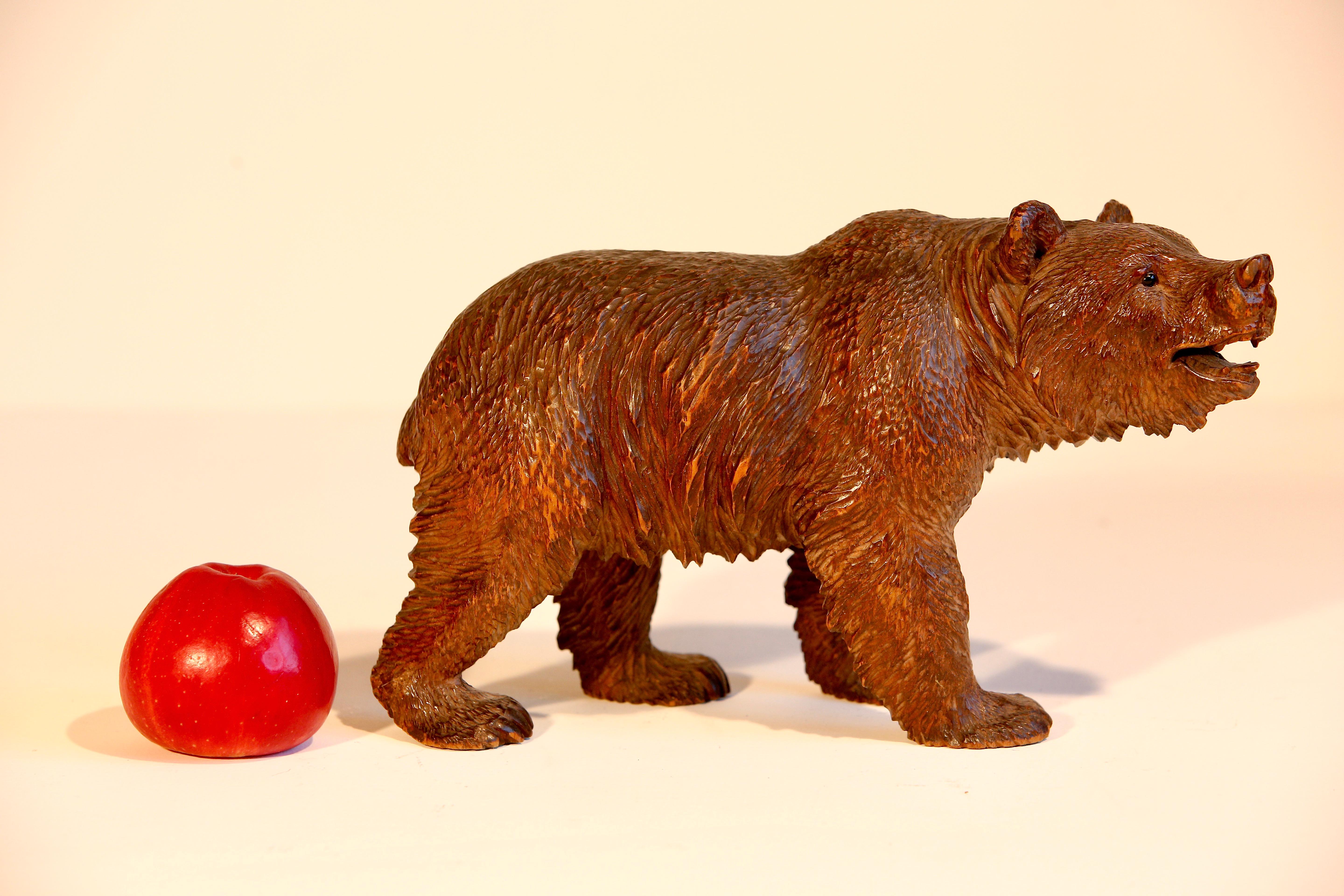 Black Forest Linden  Wood Carved Swiss Bear Glass Eyes In Good Condition For Sale In Cheltenham, GB