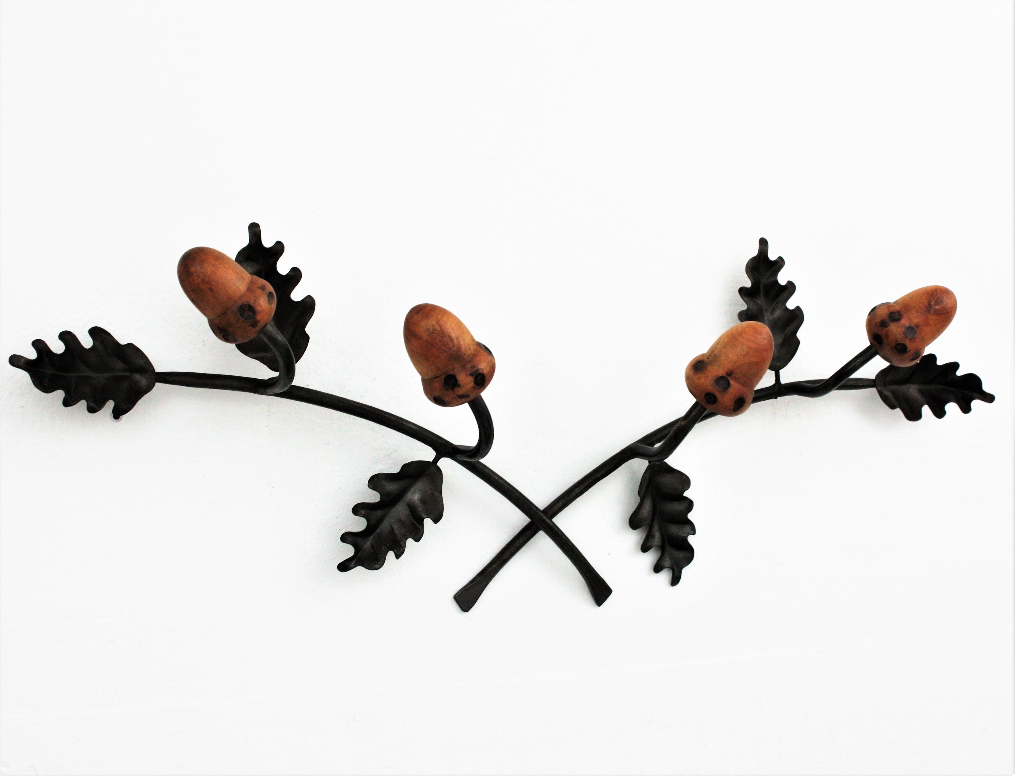 20th Century Wall Coat Rack with Black Forest Oak Leaf and Acorn Design, 1960s For Sale