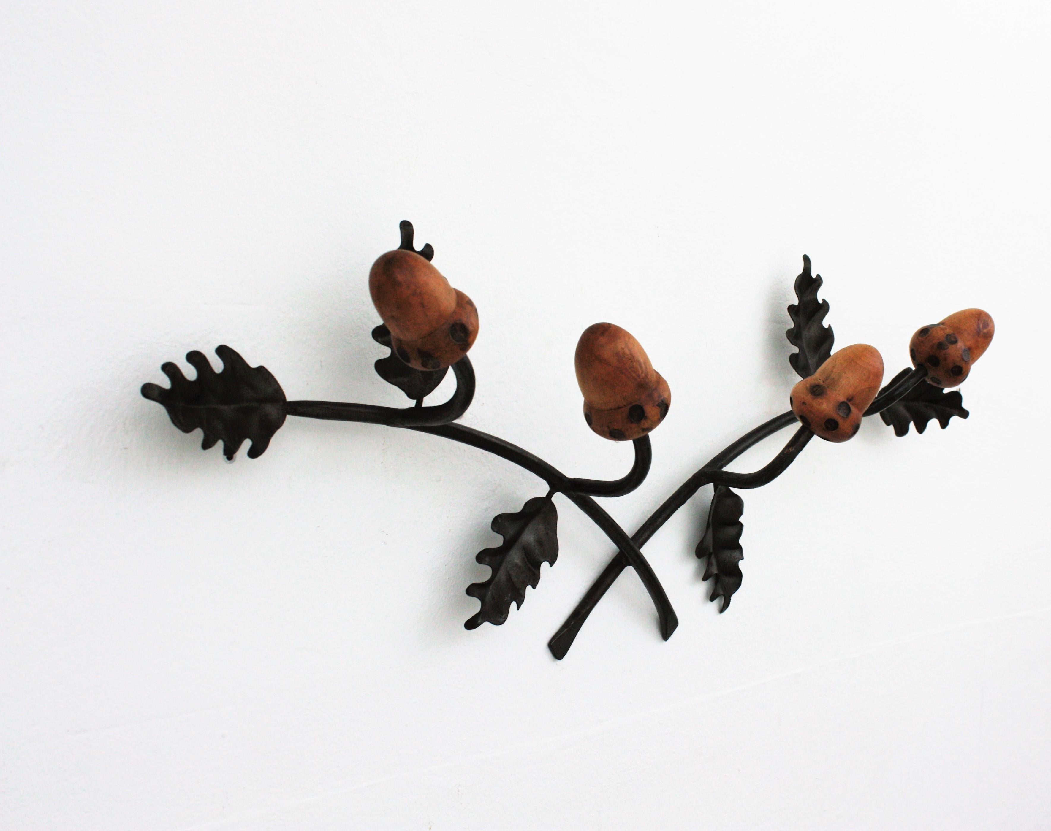 Iron Wall Coat Rack with Black Forest Oak Leaf and Acorn Design, 1960s For Sale
