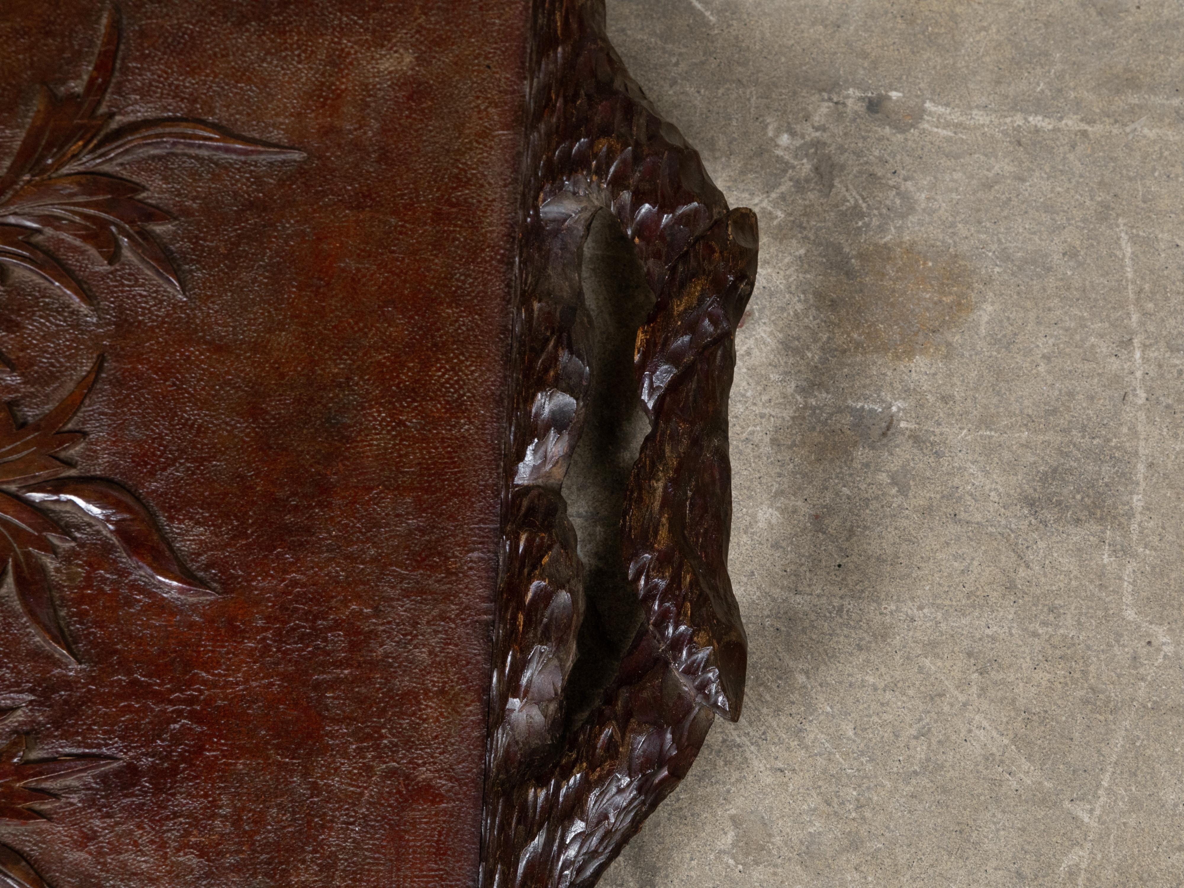 European Black Forest Oak Tray with Foliate Carving and Branch Handles, circa 1880 For Sale