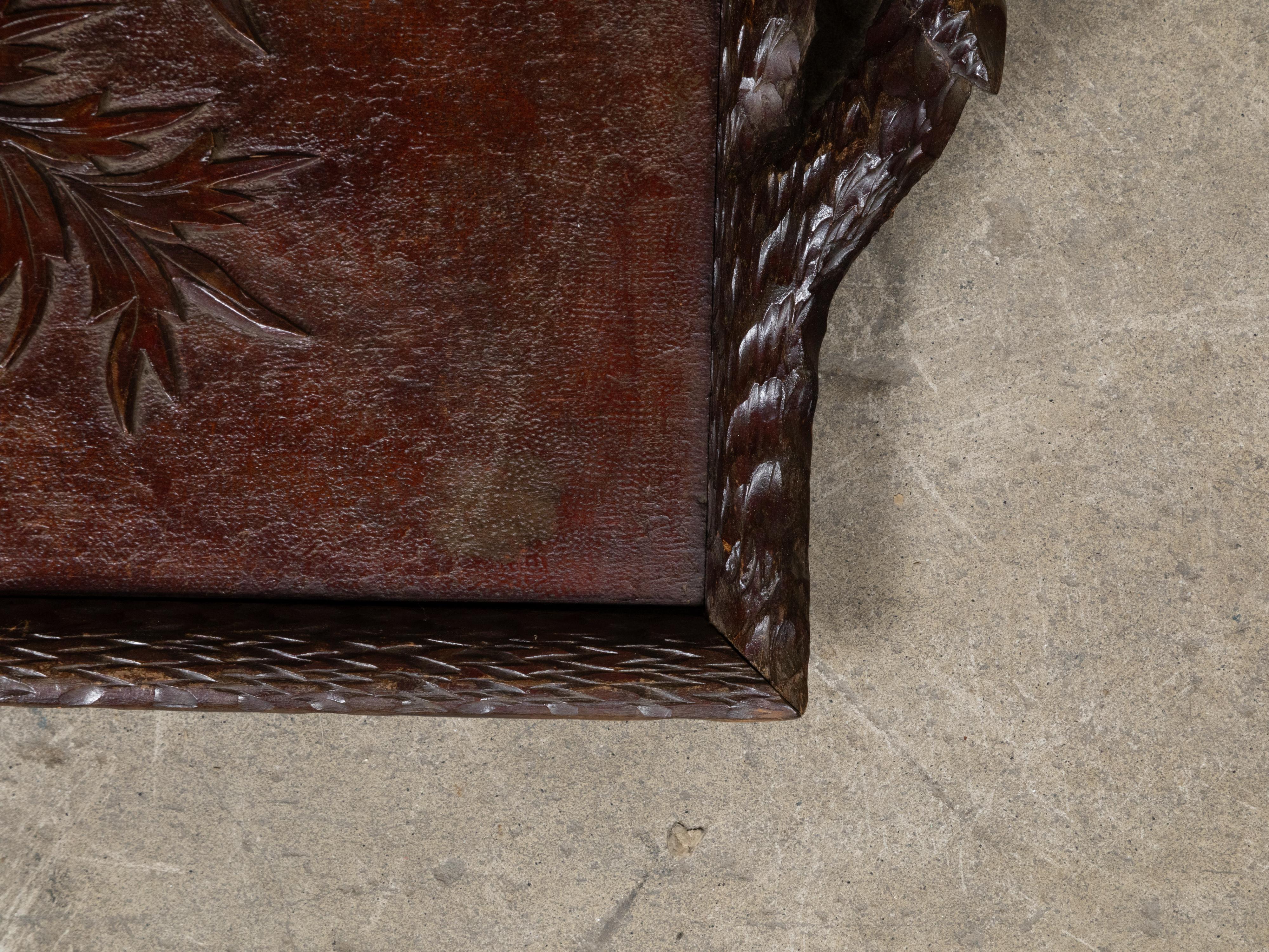 Hand-Carved Black Forest Oak Tray with Foliate Carving and Branch Handles, circa 1880 For Sale