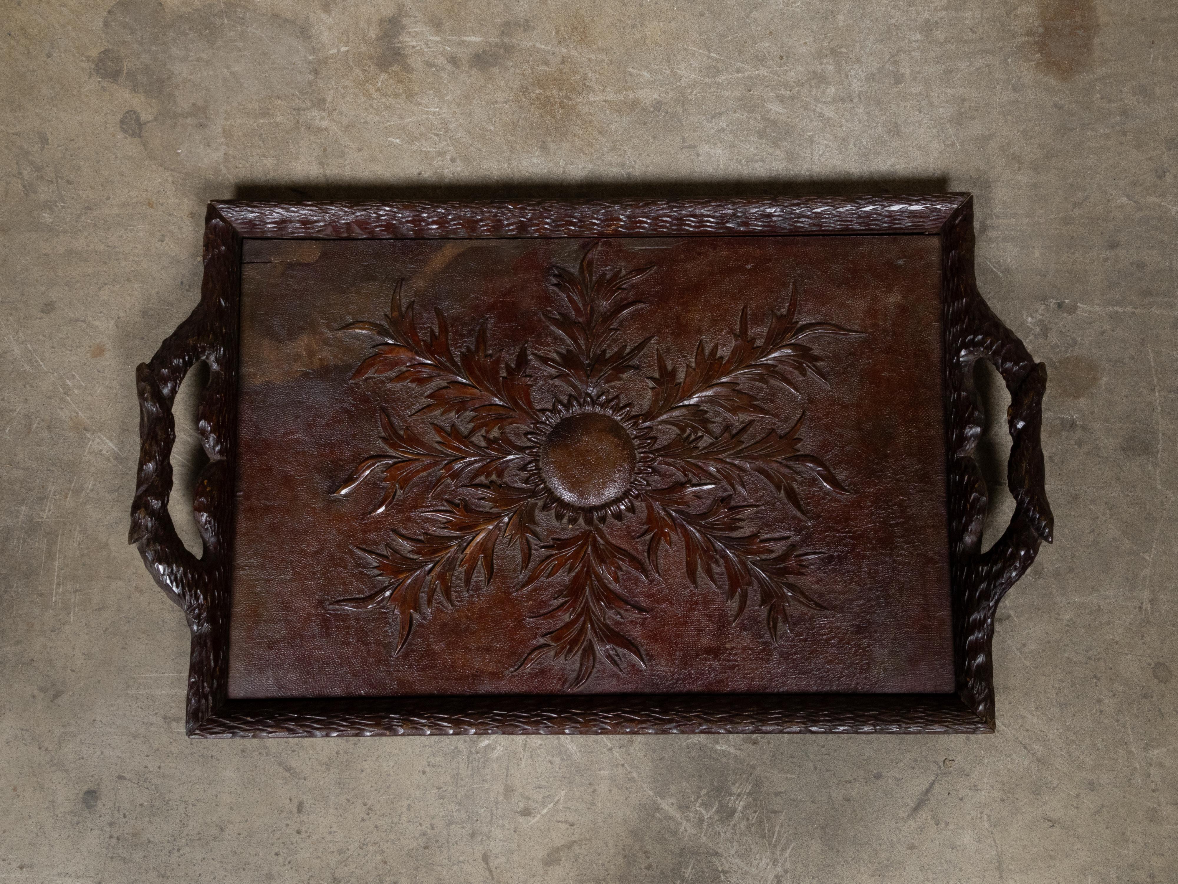 Black Forest Oak Tray with Foliate Carving and Branch Handles, circa 1880 In Good Condition For Sale In Atlanta, GA