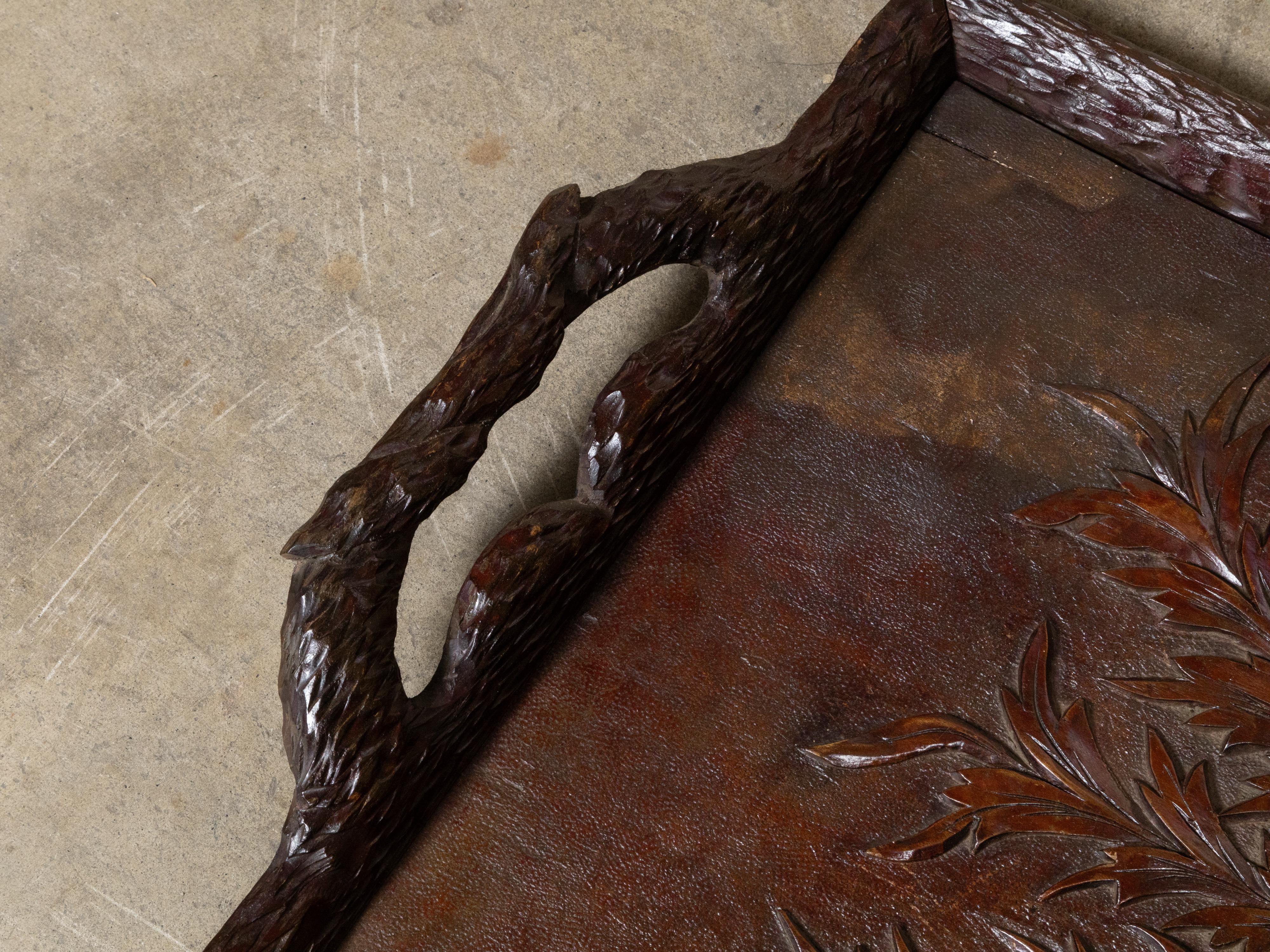 Black Forest Oak Tray with Foliate Carving and Branch Handles, circa 1880 For Sale 1