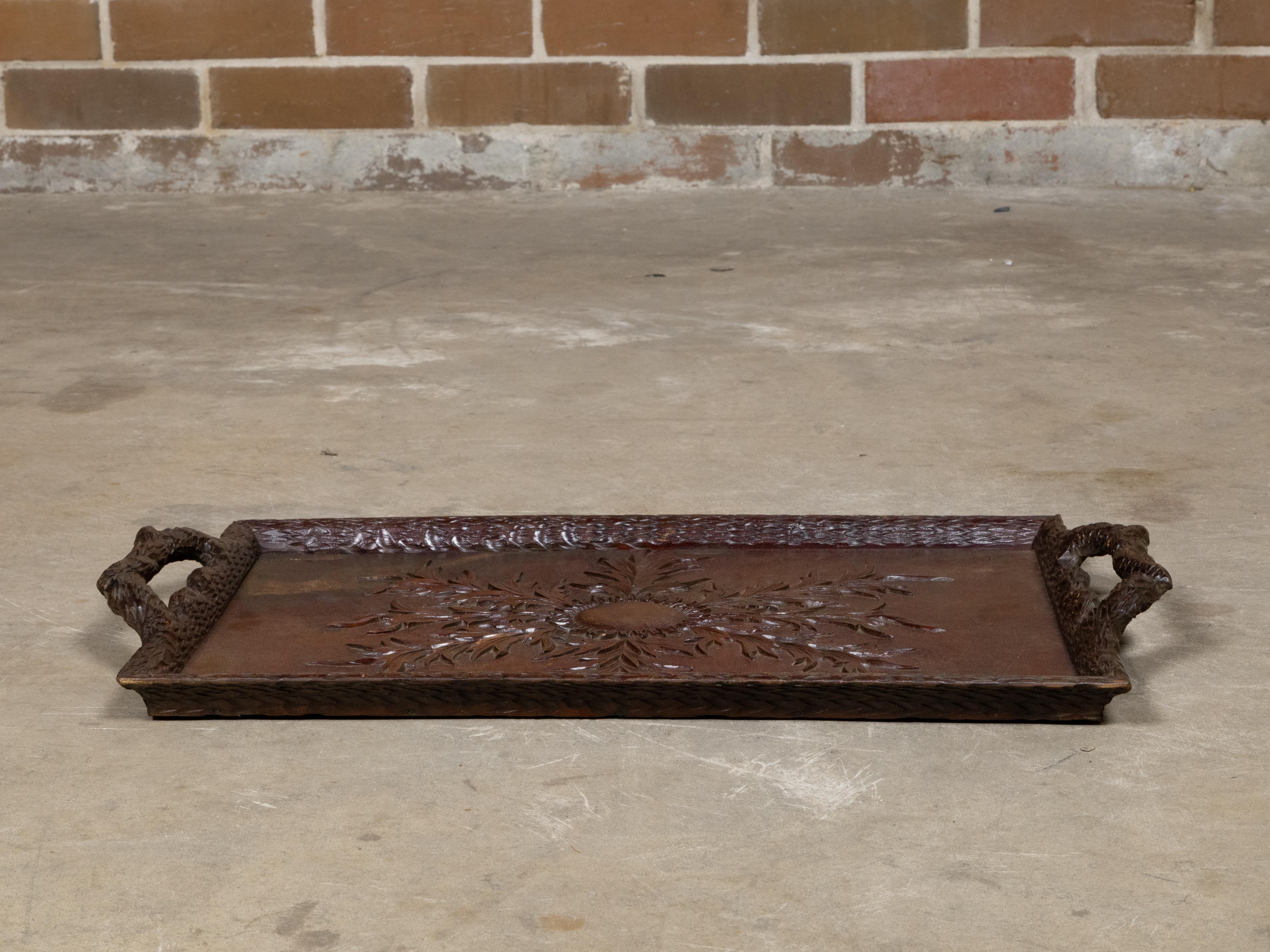 Black Forest Oak Tray with Foliate Carving and Branch Handles, circa 1880 For Sale 2
