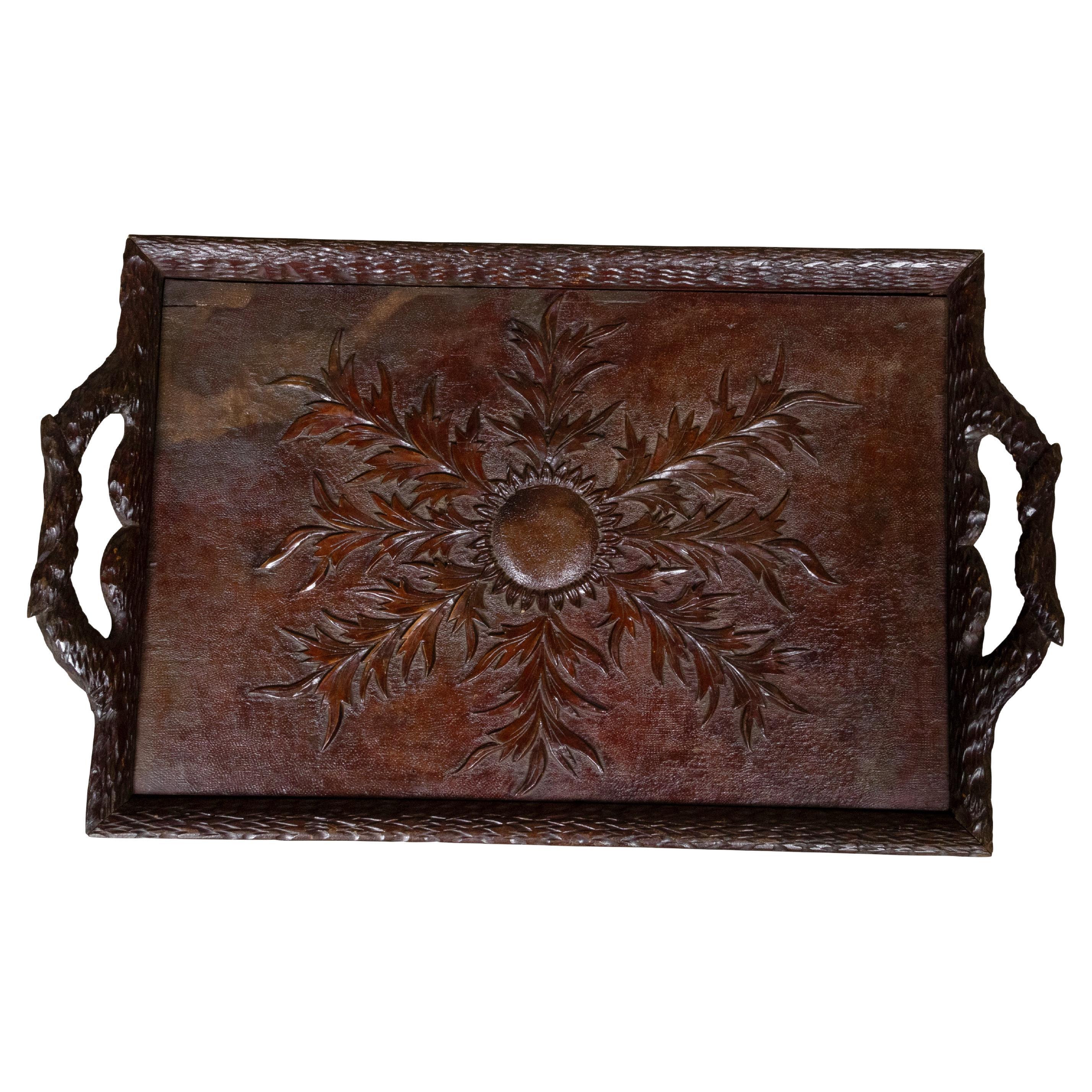 Black Forest Oak Tray with Foliate Carving and Branch Handles, circa 1880 For Sale