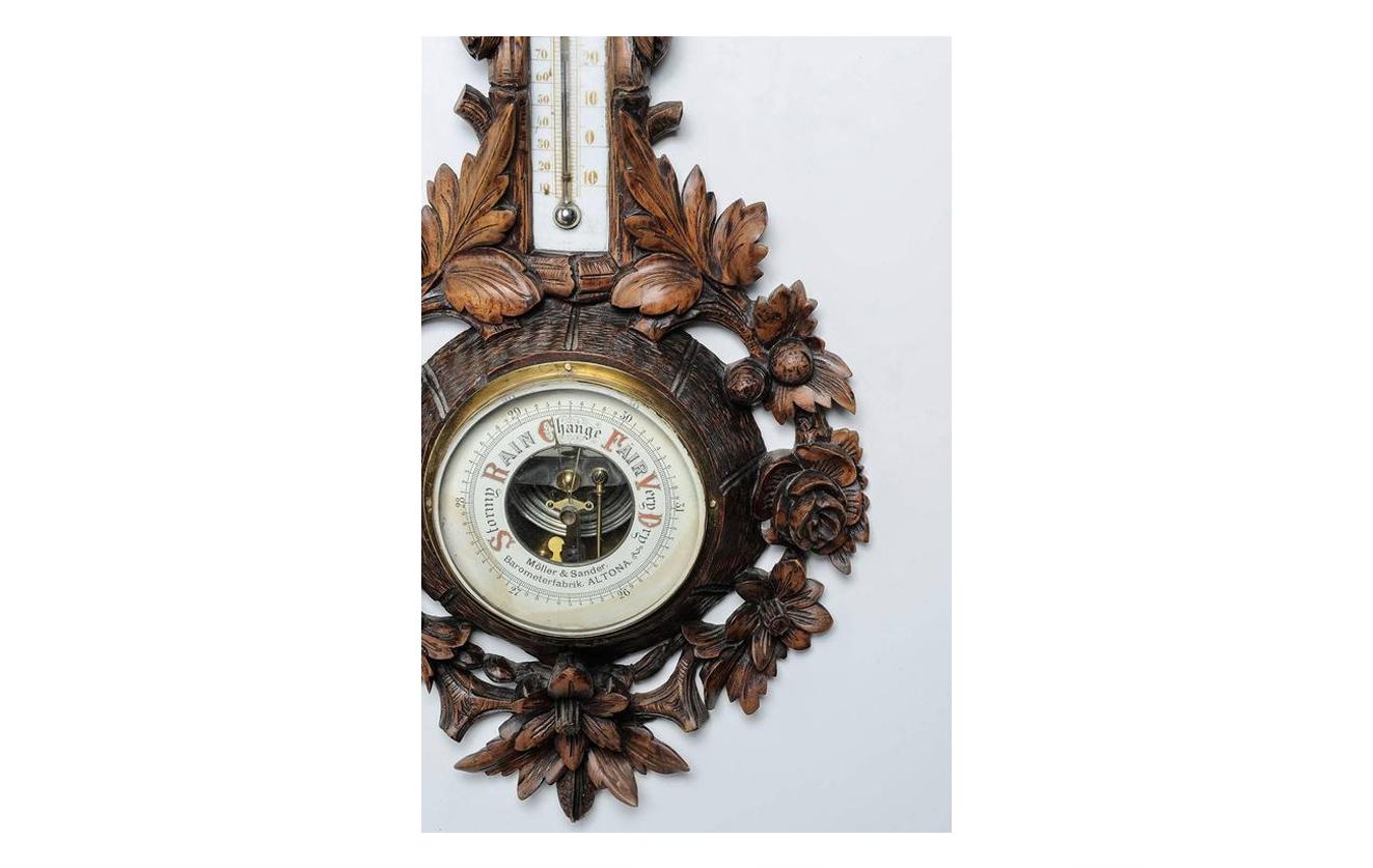 Hand-Carved Black Forest Old Barometer and Thermometer Like a Wall Sculpture