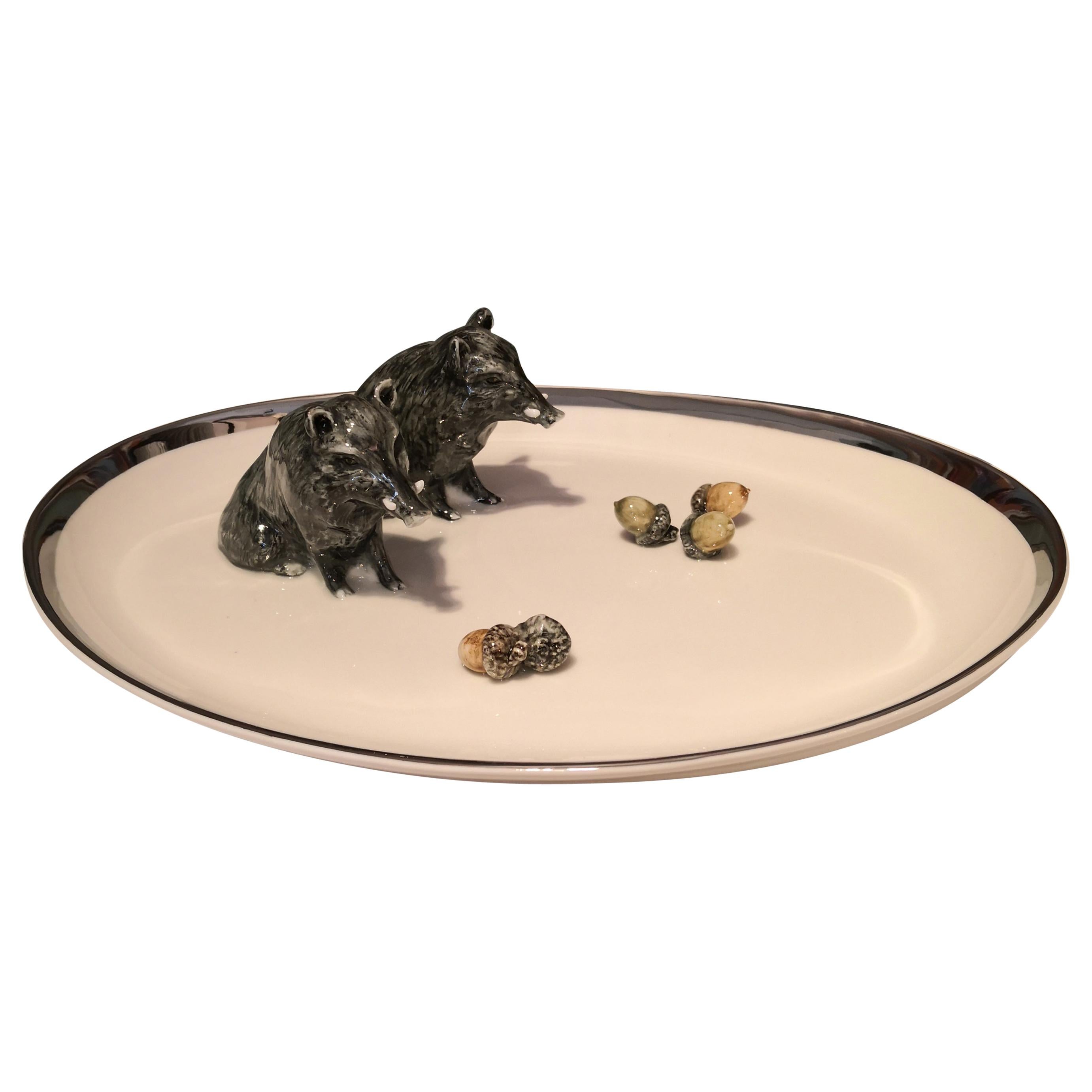 Black Forest Oval Porcelain Plate with Wild Boars Sofina Boutique Kitzbühel For Sale