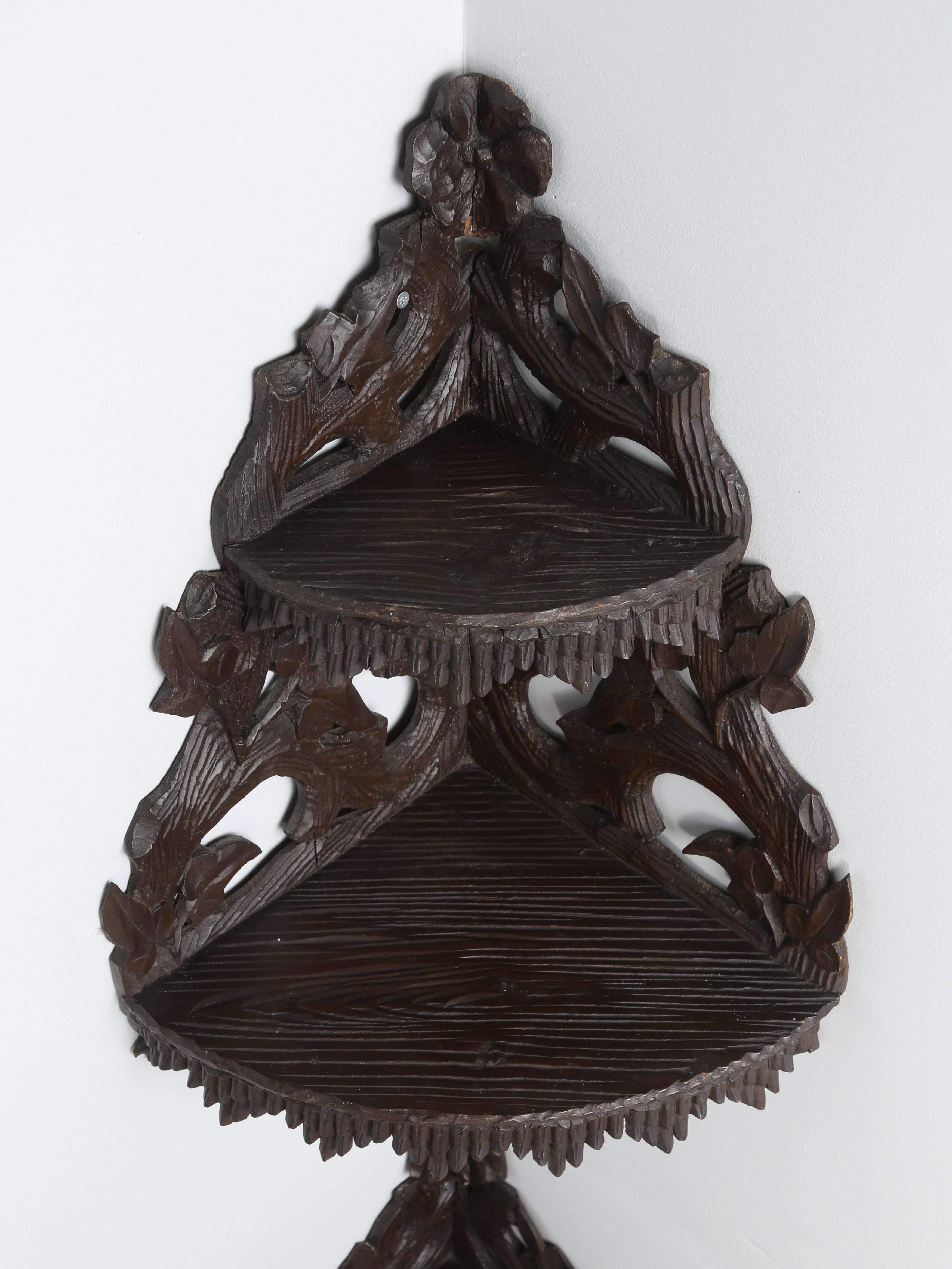 Hand-Carved Black Forest Pair of Corner Shelves Original Hand Carved Switzerland Late 1800s  For Sale