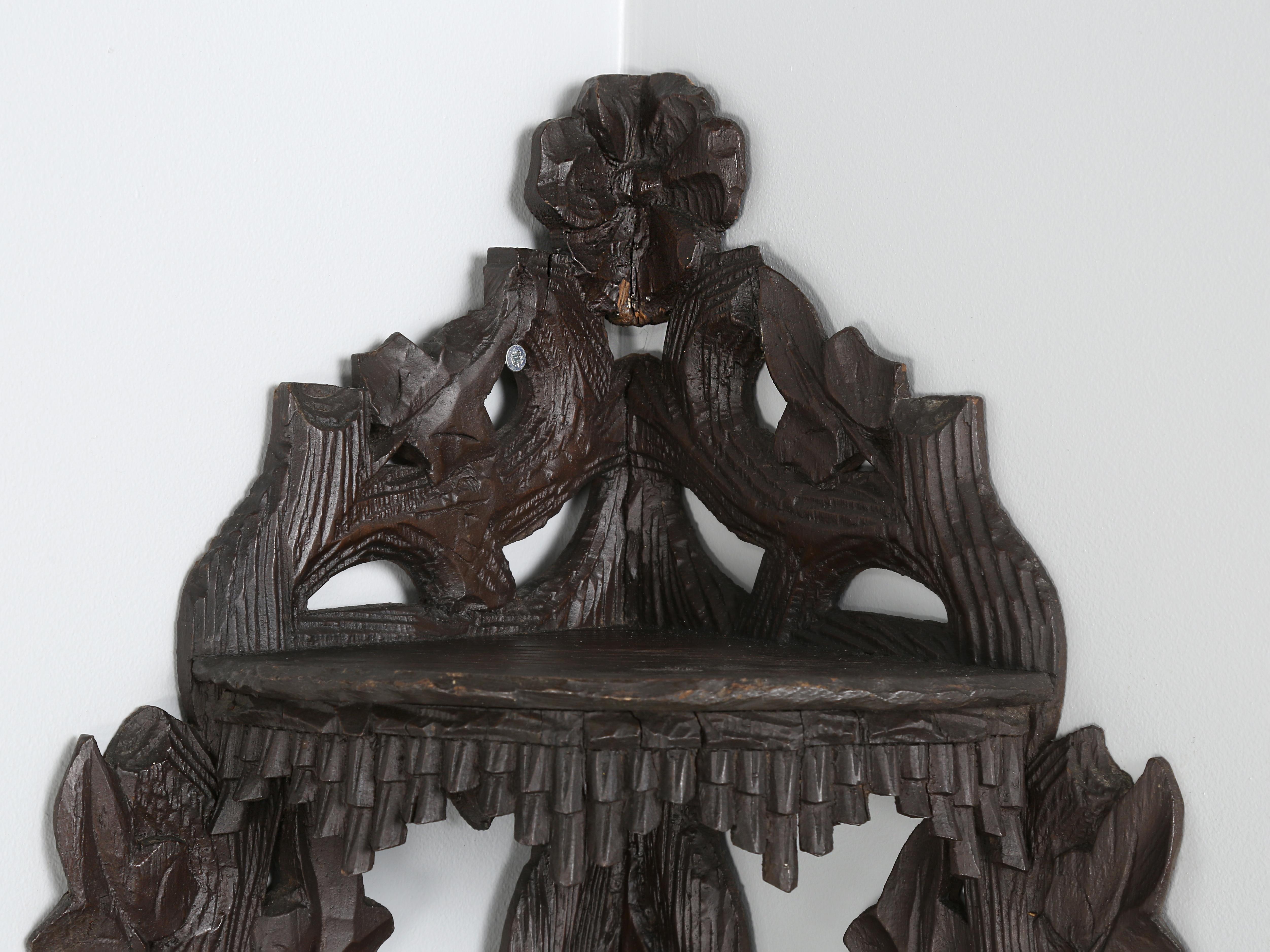 Wood Black Forest Pair of Corner Shelves Original Hand Carved Switzerland Late 1800s  For Sale