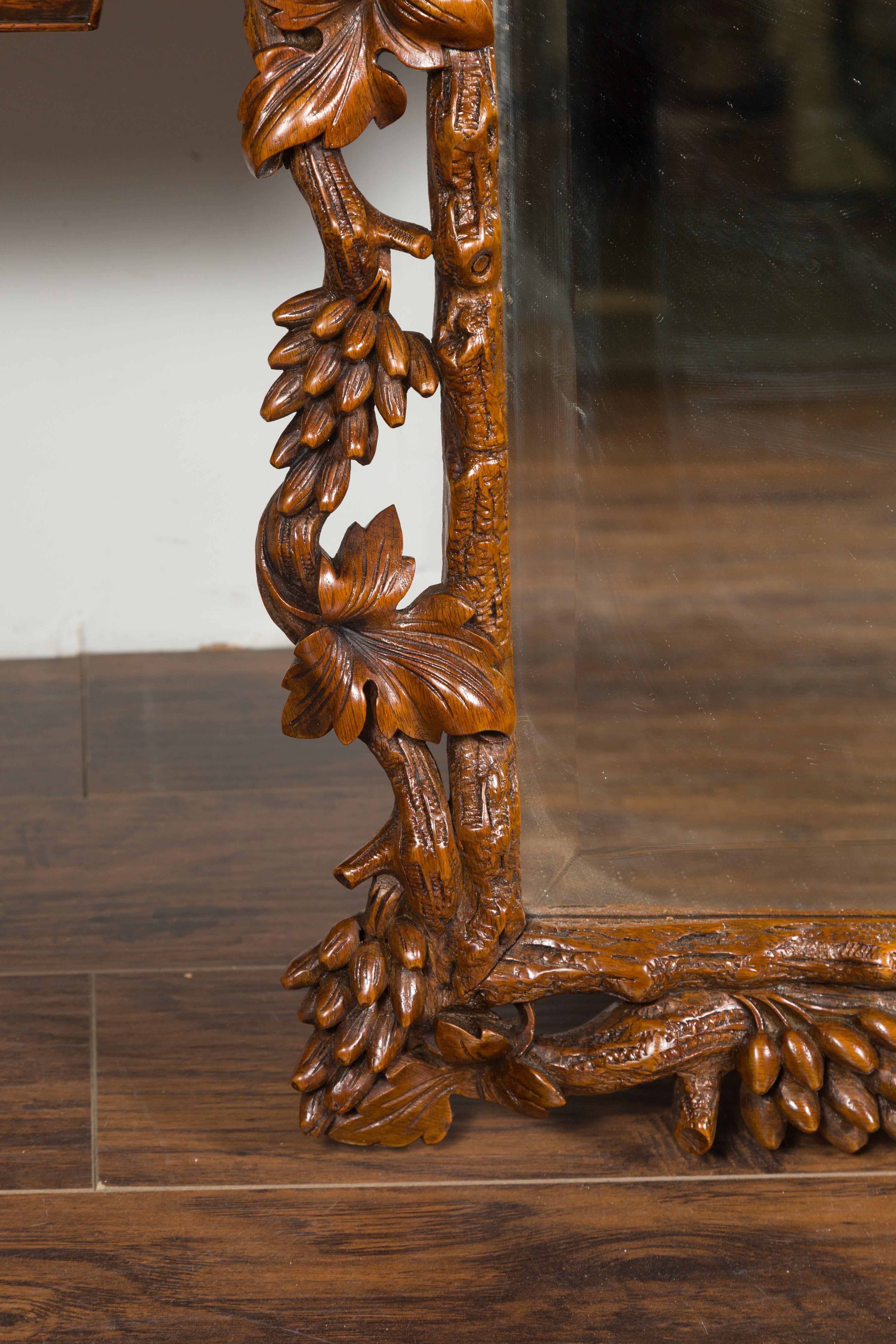 Black Forest Period 1900s Wooden Mirror with Carved Dog, Foliage and Fruits 4