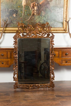 Black Forest Period 1900s Wooden Mirror with Carved Dog, Foliage and Fruits