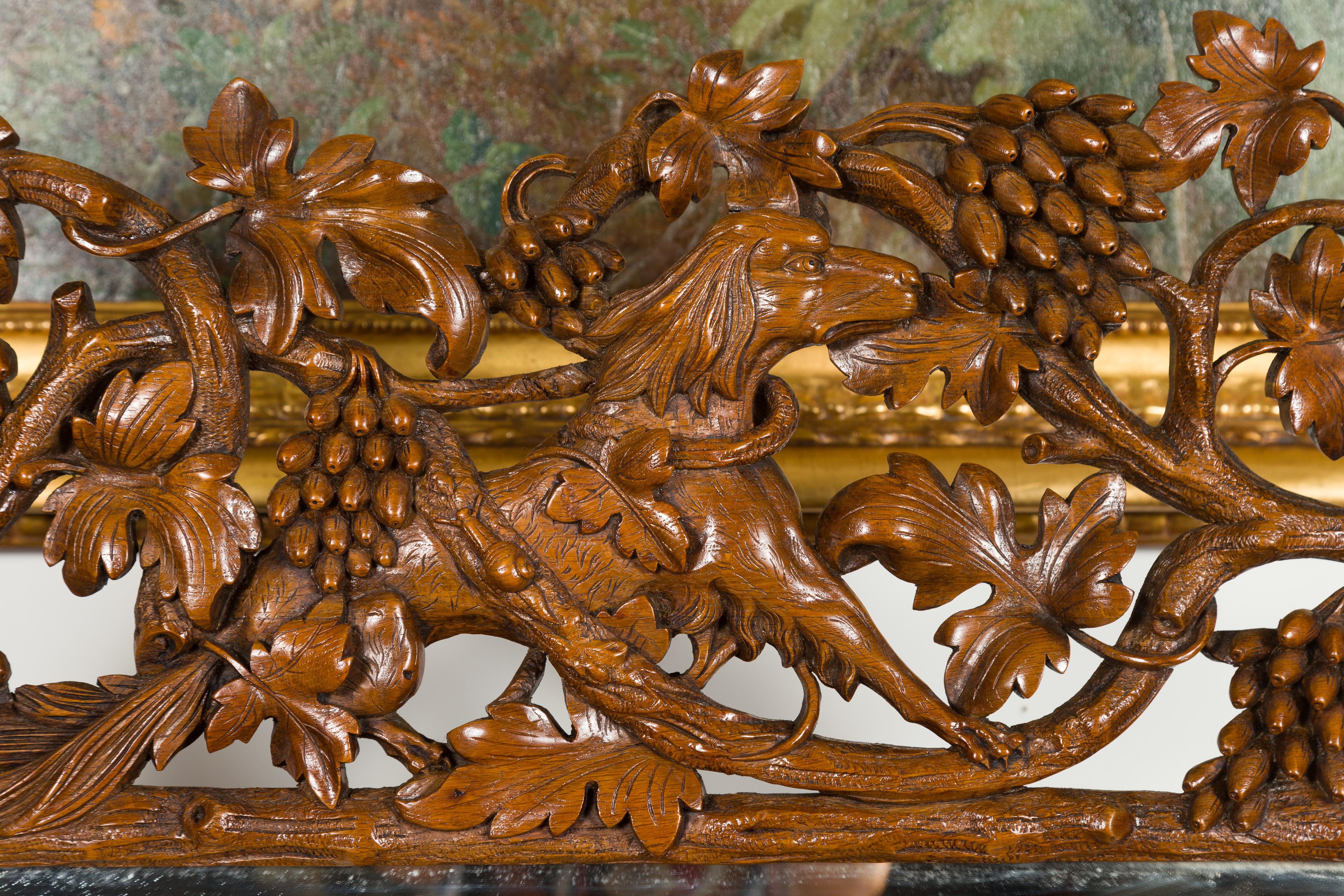 Swiss Black Forest Period 1900s Wooden Mirror with Carved Dog, Foliage and Fruits