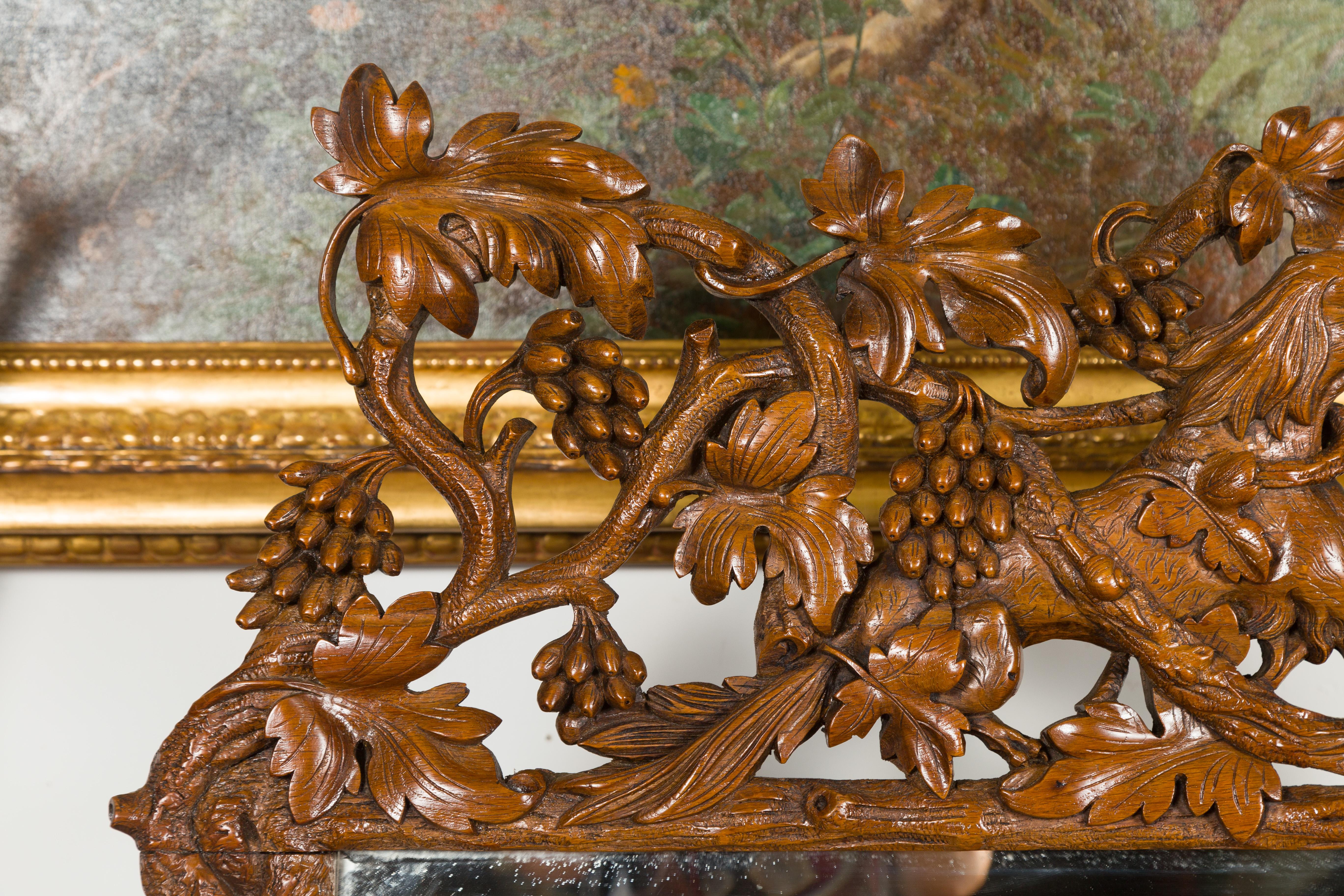 Hand-Carved Black Forest Period 1900s Wooden Mirror with Carved Dog, Foliage and Fruits