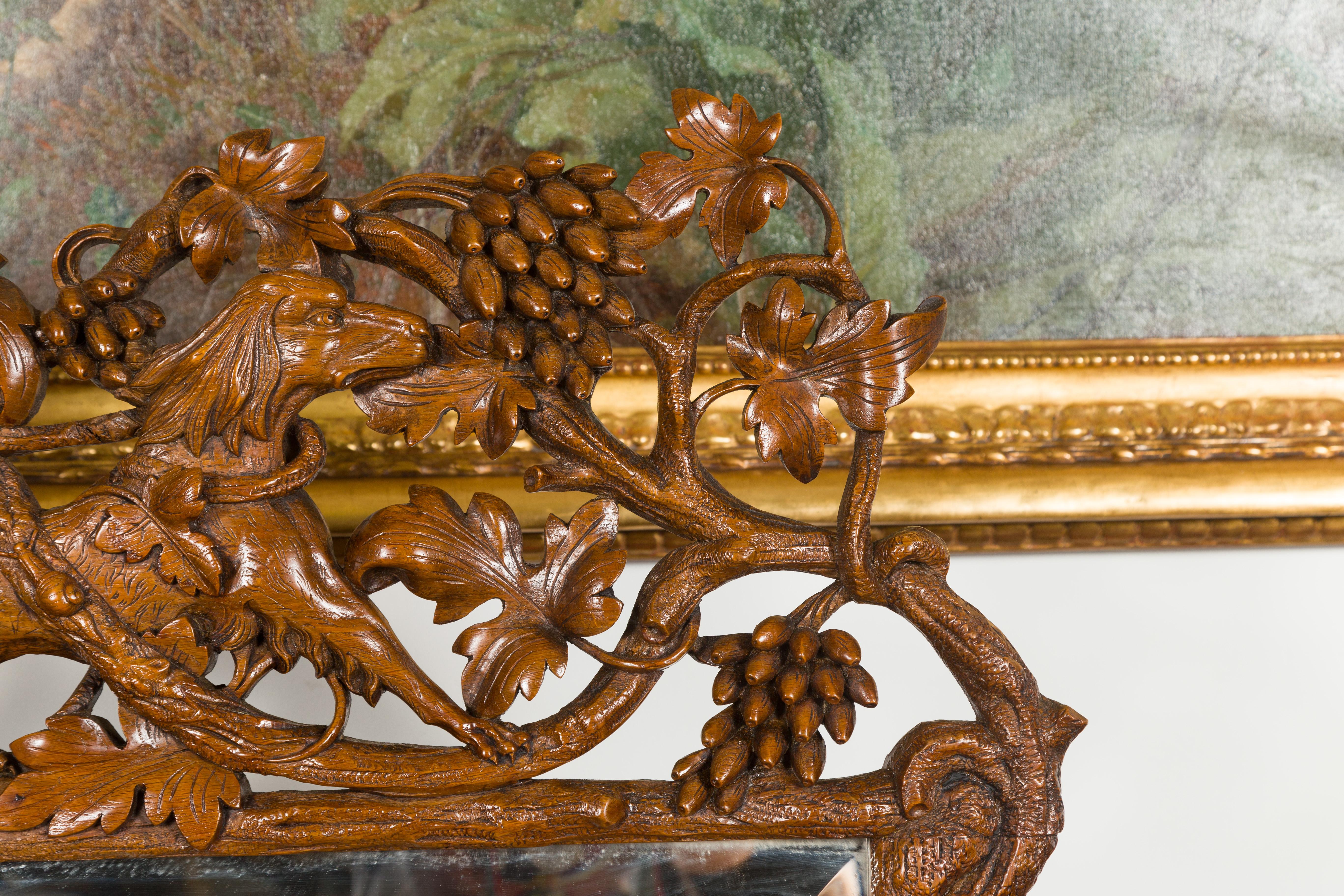 Black Forest Period 1900s Wooden Mirror with Carved Dog, Foliage and Fruits In Good Condition In Atlanta, GA