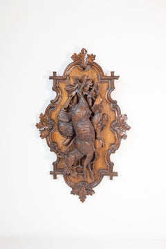 Black Forest Period 19th Century German Oak Wall Carving with Hunting Trophy