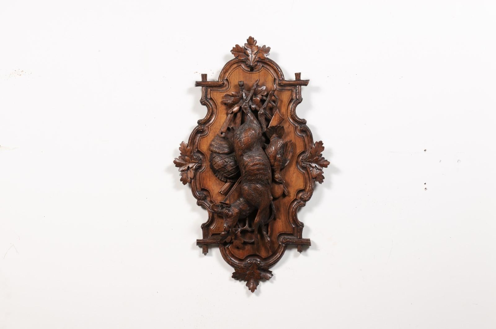 Carved Black Forest Period 19th Century German Oak Wall Carving with Hunting Trophy For Sale