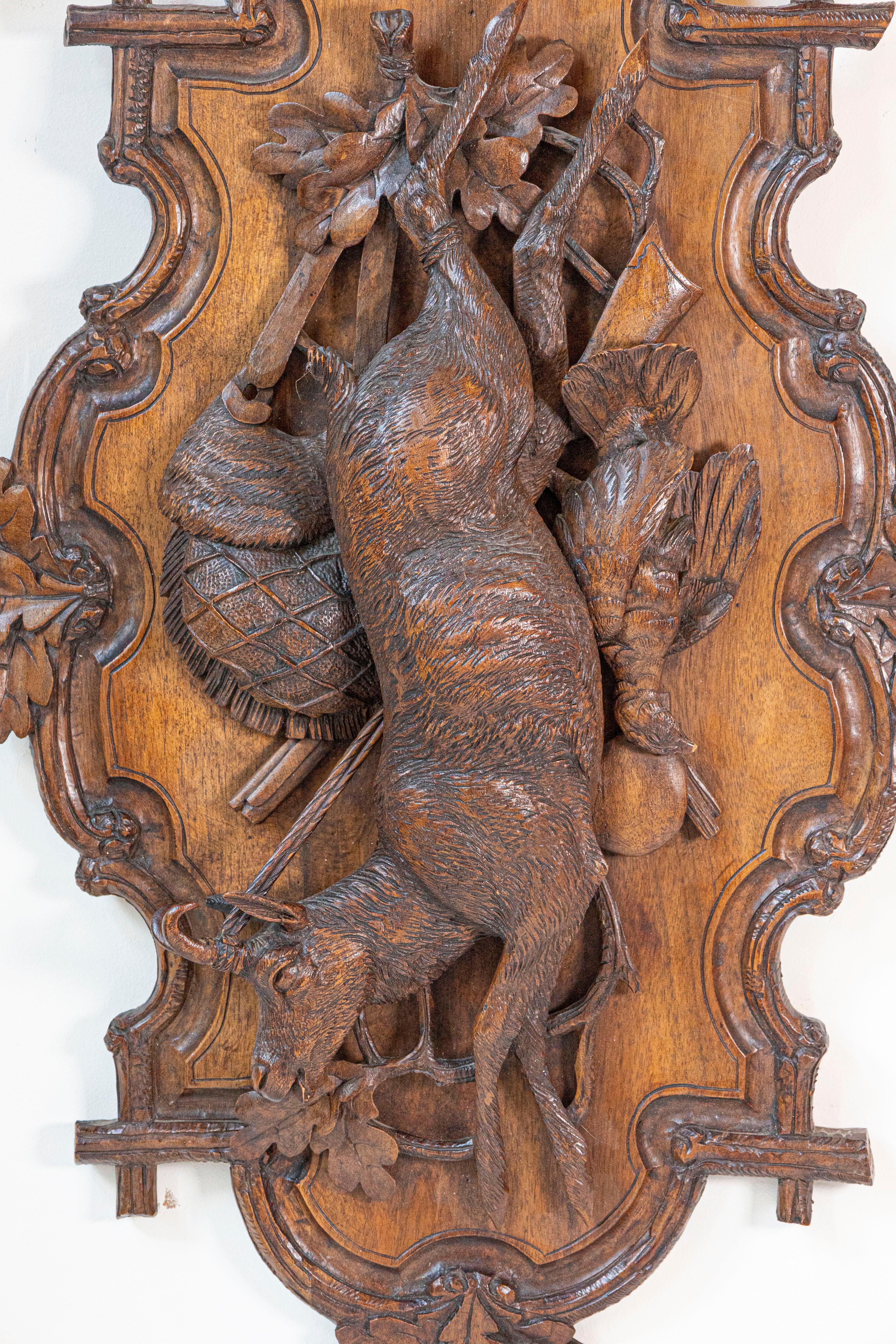 Carved Black Forest Period 19th Century German Oak Wall Carving with Hunting Trophy For Sale