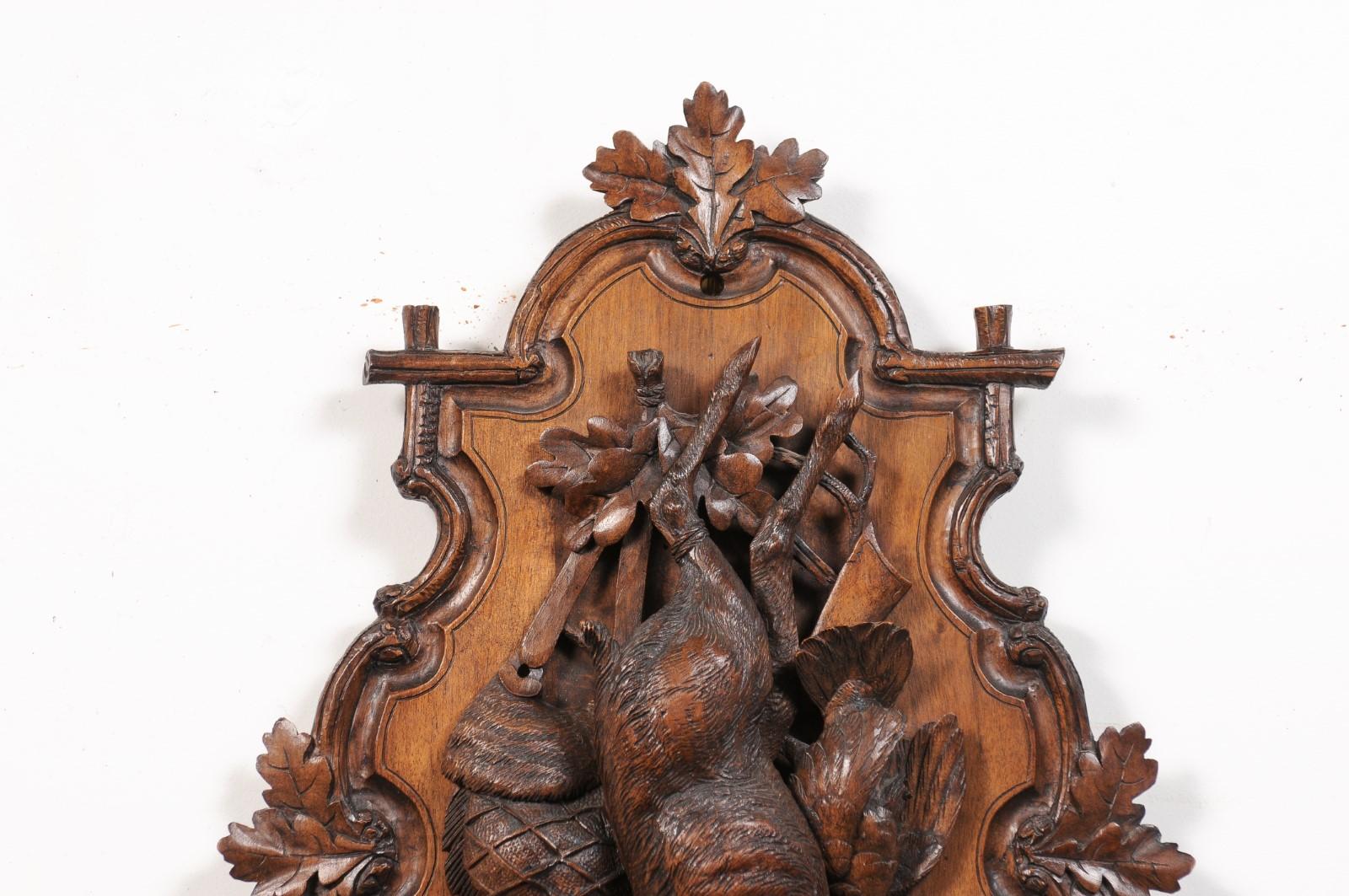 Black Forest Period 19th Century German Oak Wall Carving with Hunting Trophy In Good Condition For Sale In Atlanta, GA
