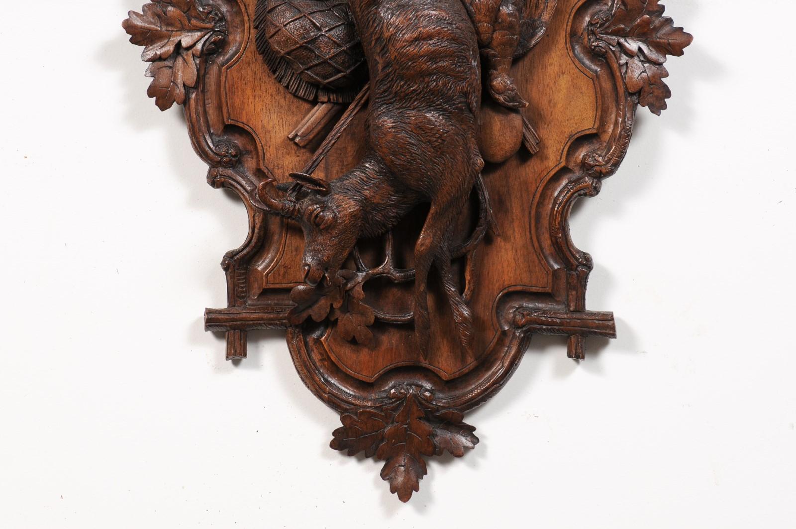 Black Forest Period 19th Century German Oak Wall Carving with Hunting Trophy For Sale 1