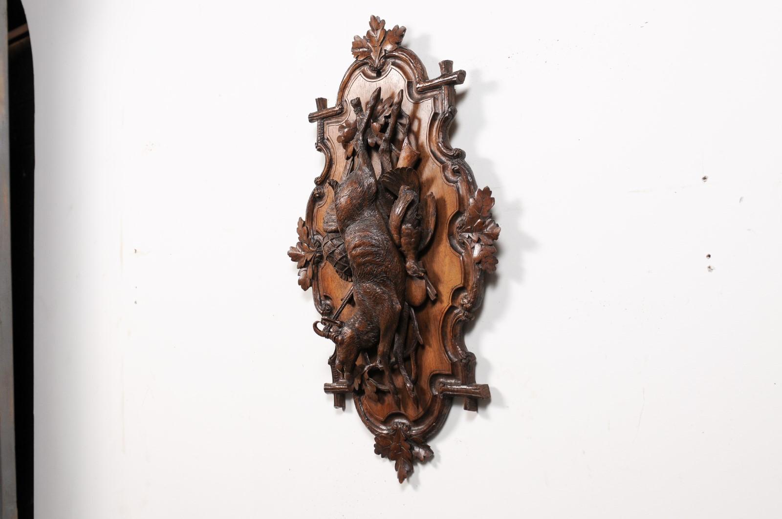 Black Forest Period 19th Century German Oak Wall Carving with Hunting Trophy For Sale 3