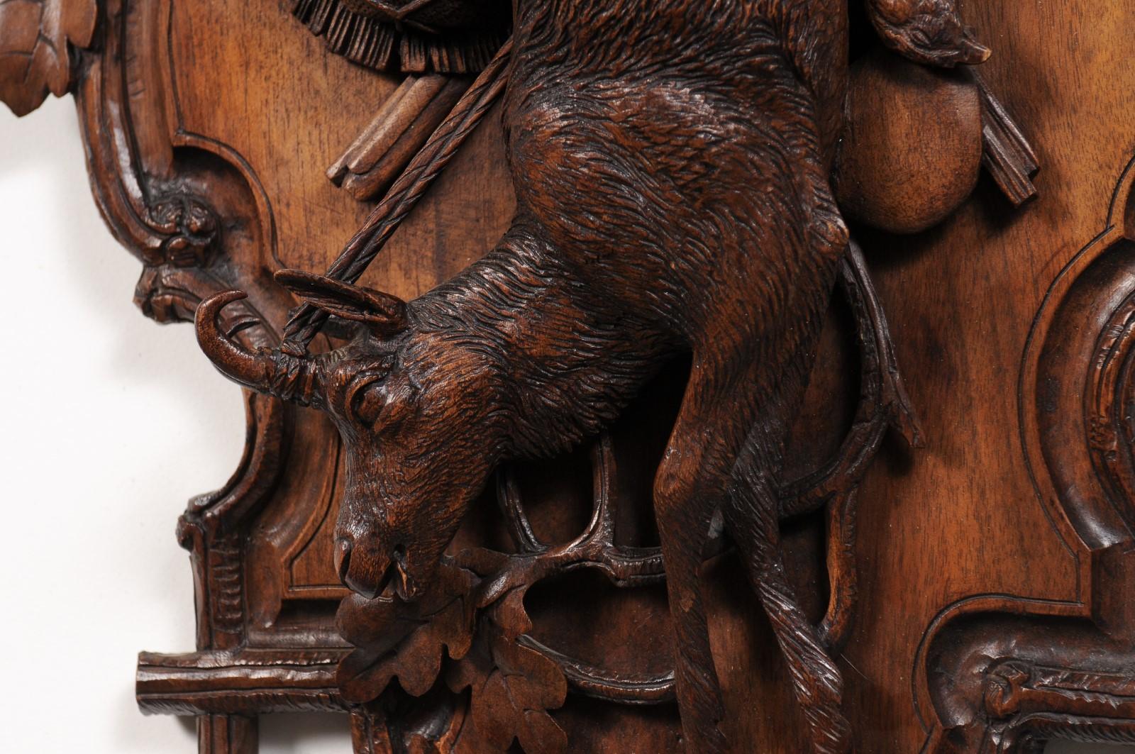Black Forest Period 19th Century German Oak Wall Carving with Hunting Trophy For Sale 4