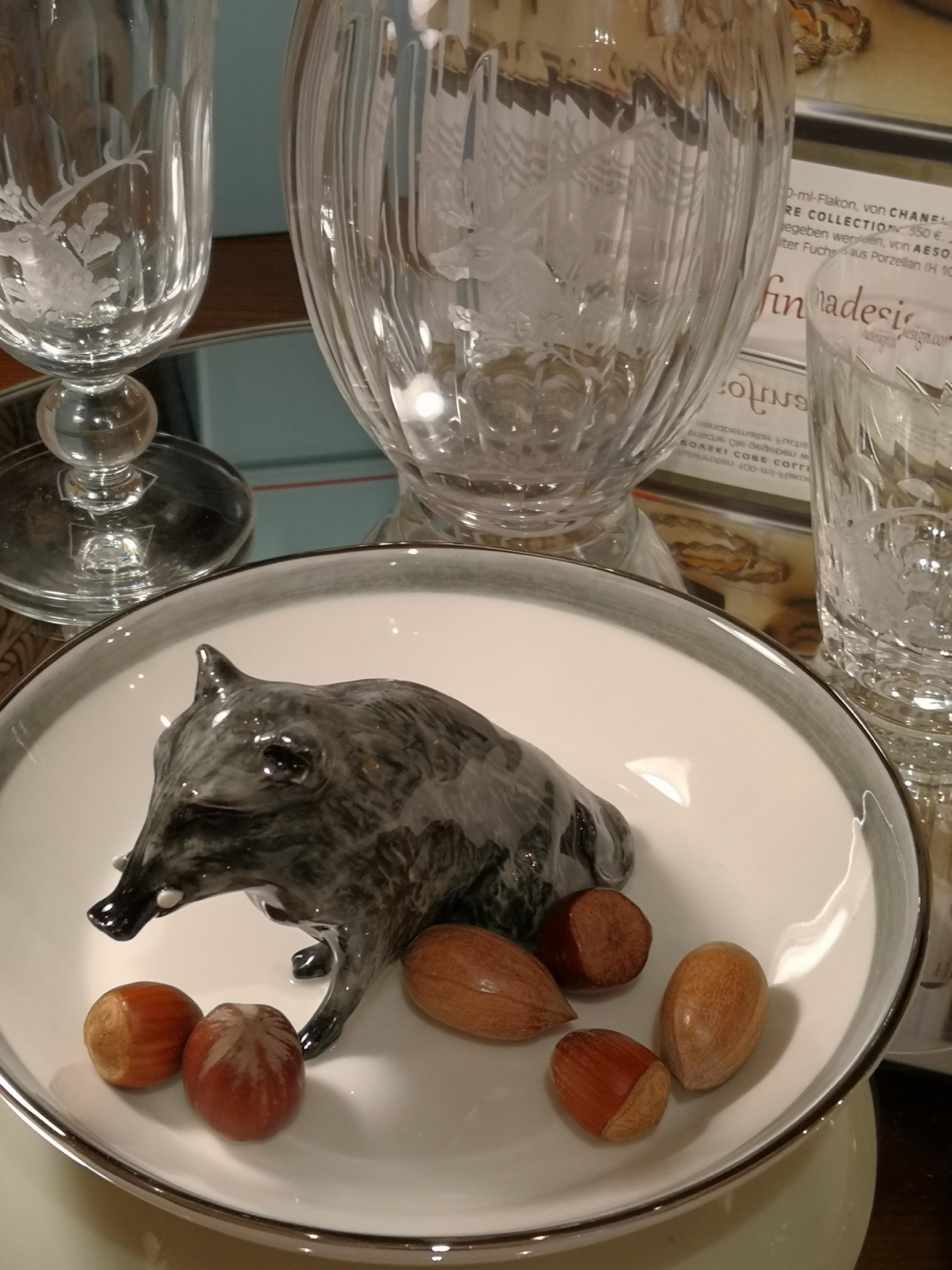 Hand-Painted Black Forest Porcelain Bowl with Wild Boar Figure Sofina Boutique Kitzbuehel For Sale