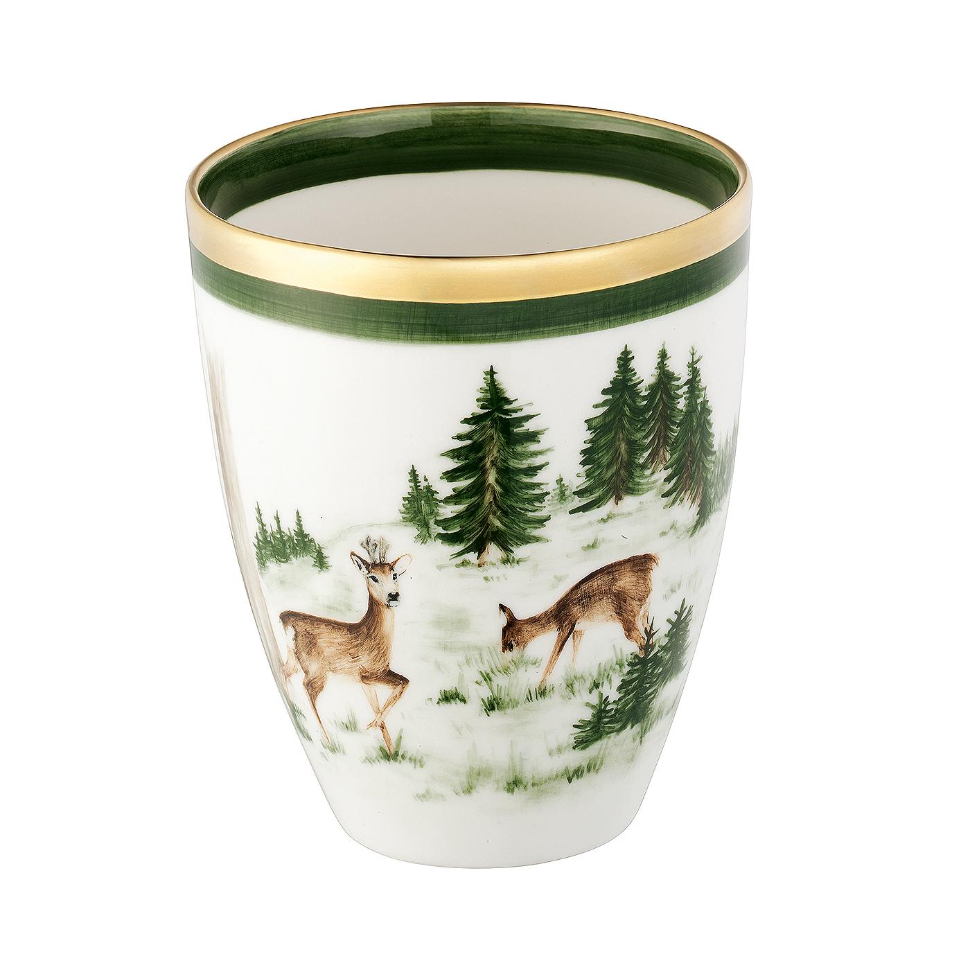 Hands-free painted porcelain vase with a hunting design with deers and trees all around. Lined with a green line and rimmed with a 24 carat gold line. Completely hand painted in Bavaria/Germany.
About Sofina:
The manufacturing of Sofina porcelain