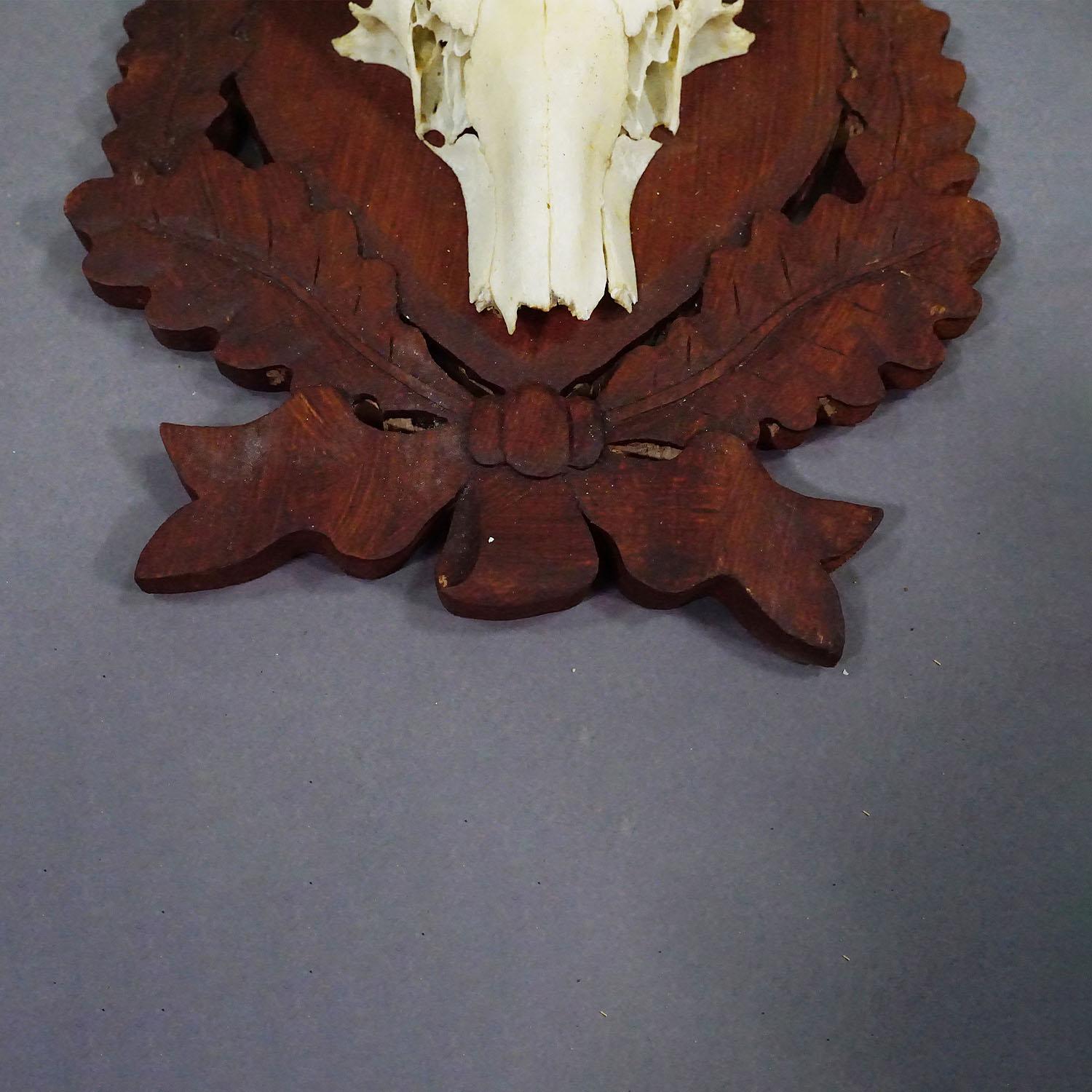 Black Forest Red Deer Trophy on Carved Plaque ca. 1950s In Good Condition For Sale In Berghuelen, DE