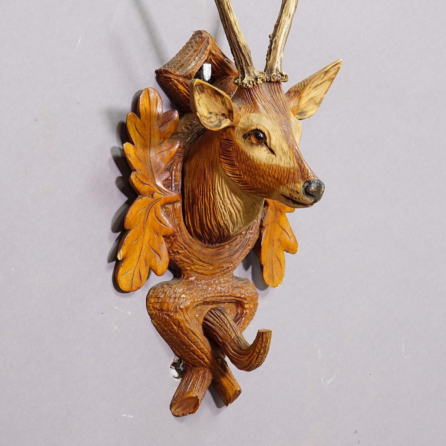 German Black Forest Rustic Carved Wooden Coat Hook with Deer