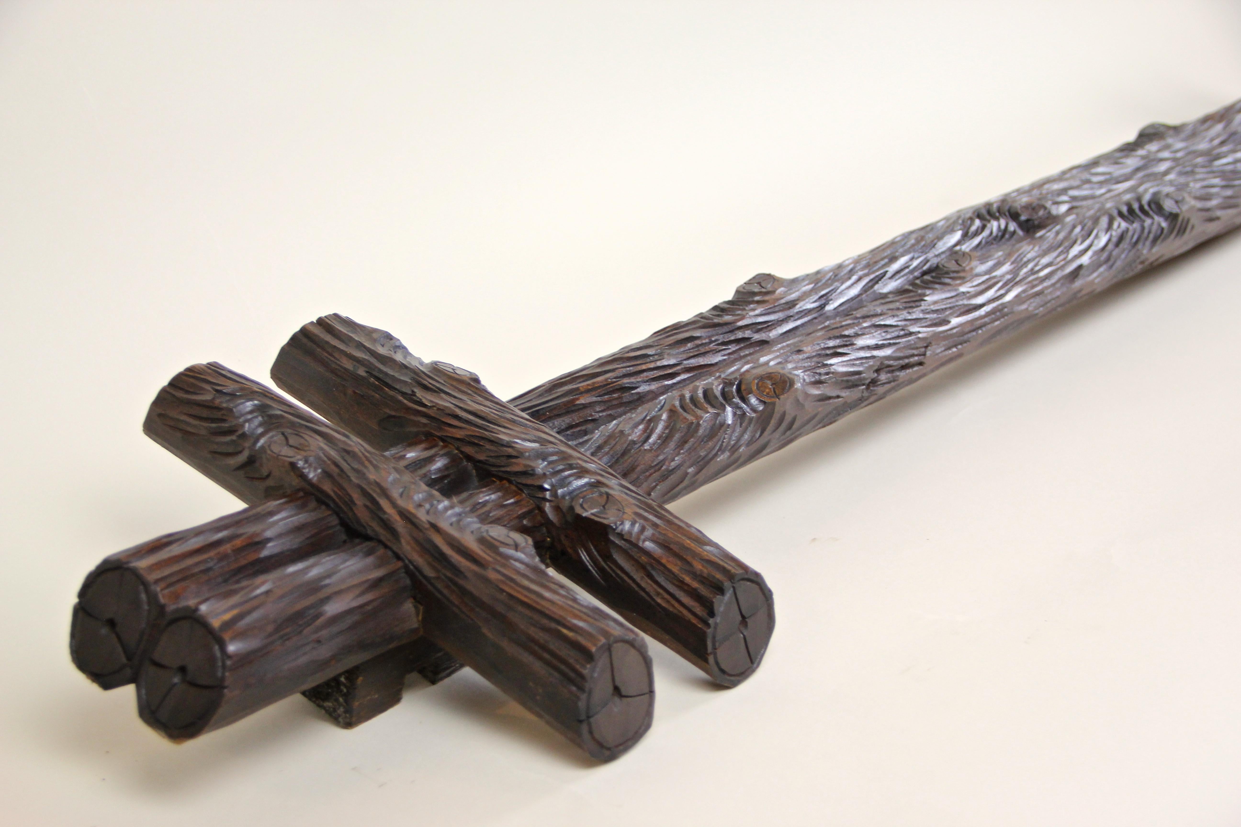 Stained Black Forest Rustic Curtain Rods Hand Carved, Germany, circa 1880