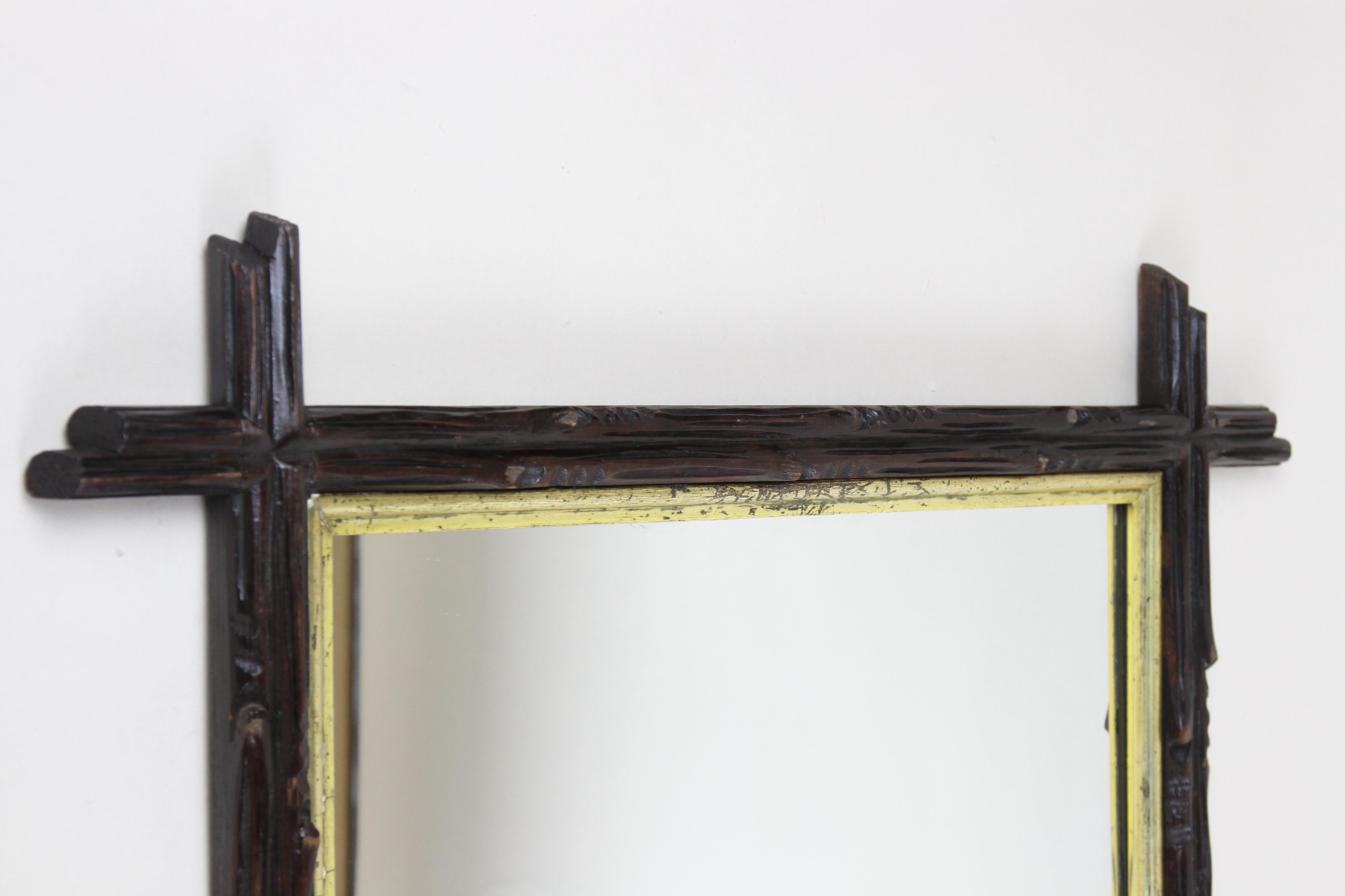 Hand-Carved Black Forest Rustic Mirror with Gilt Bar, Hand Carved, Austria, circa 1880 For Sale