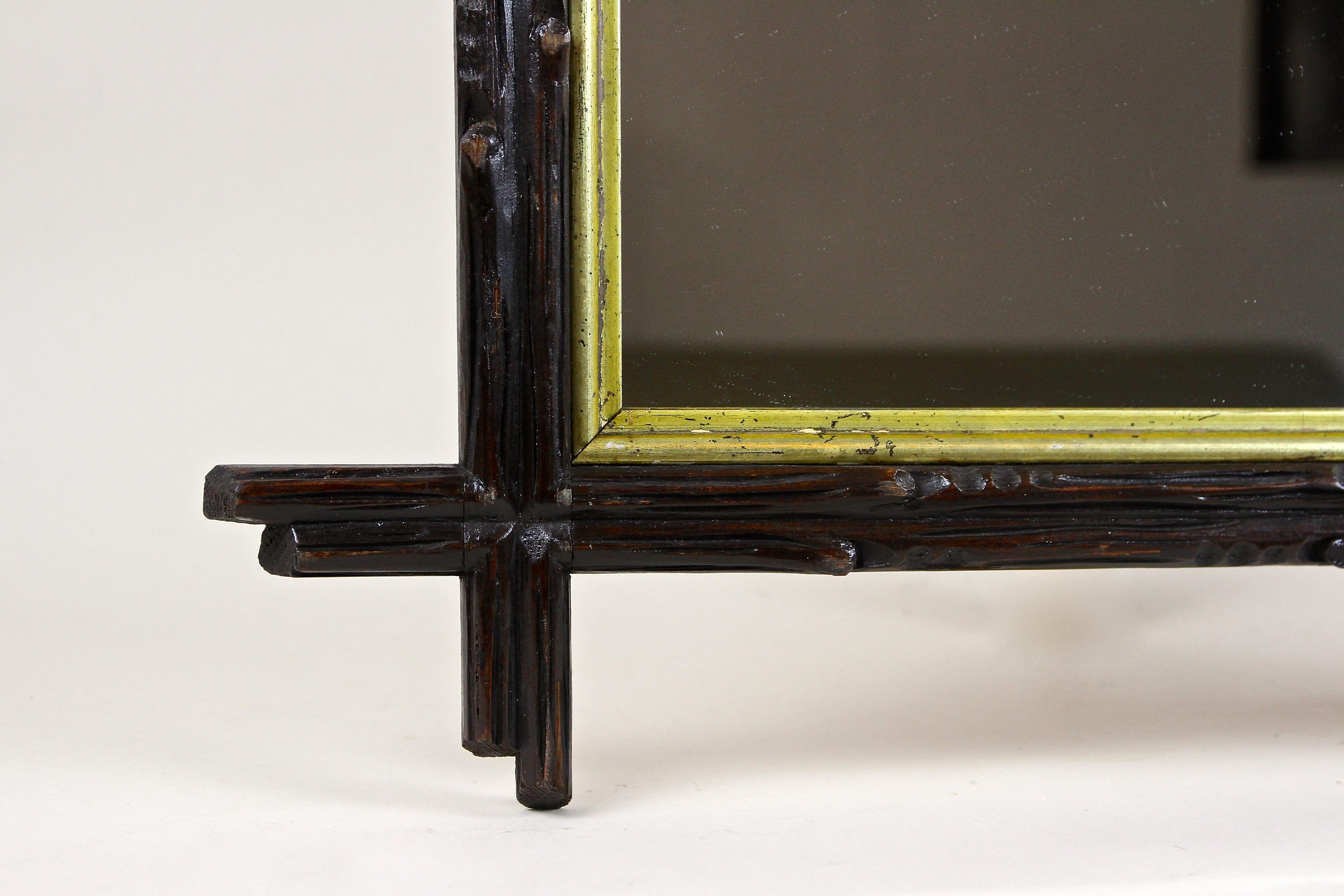 Black Forest Rustic Mirror with Gilt Bar, Hand Carved, Austria, circa 1880 For Sale 1