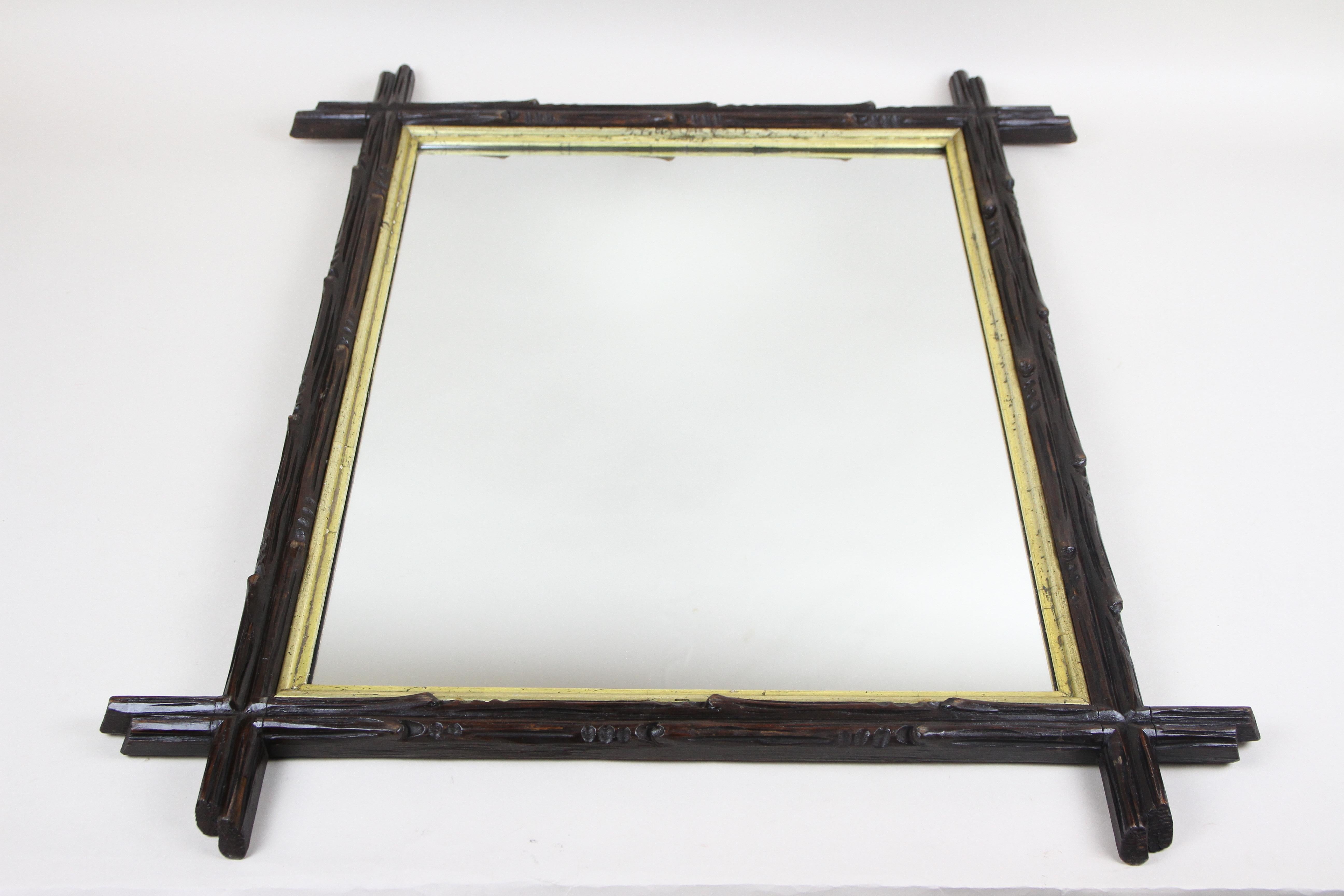 Black Forest Rustic Mirror with Gilt Bar, Hand Carved, Austria, circa 1880 For Sale 2