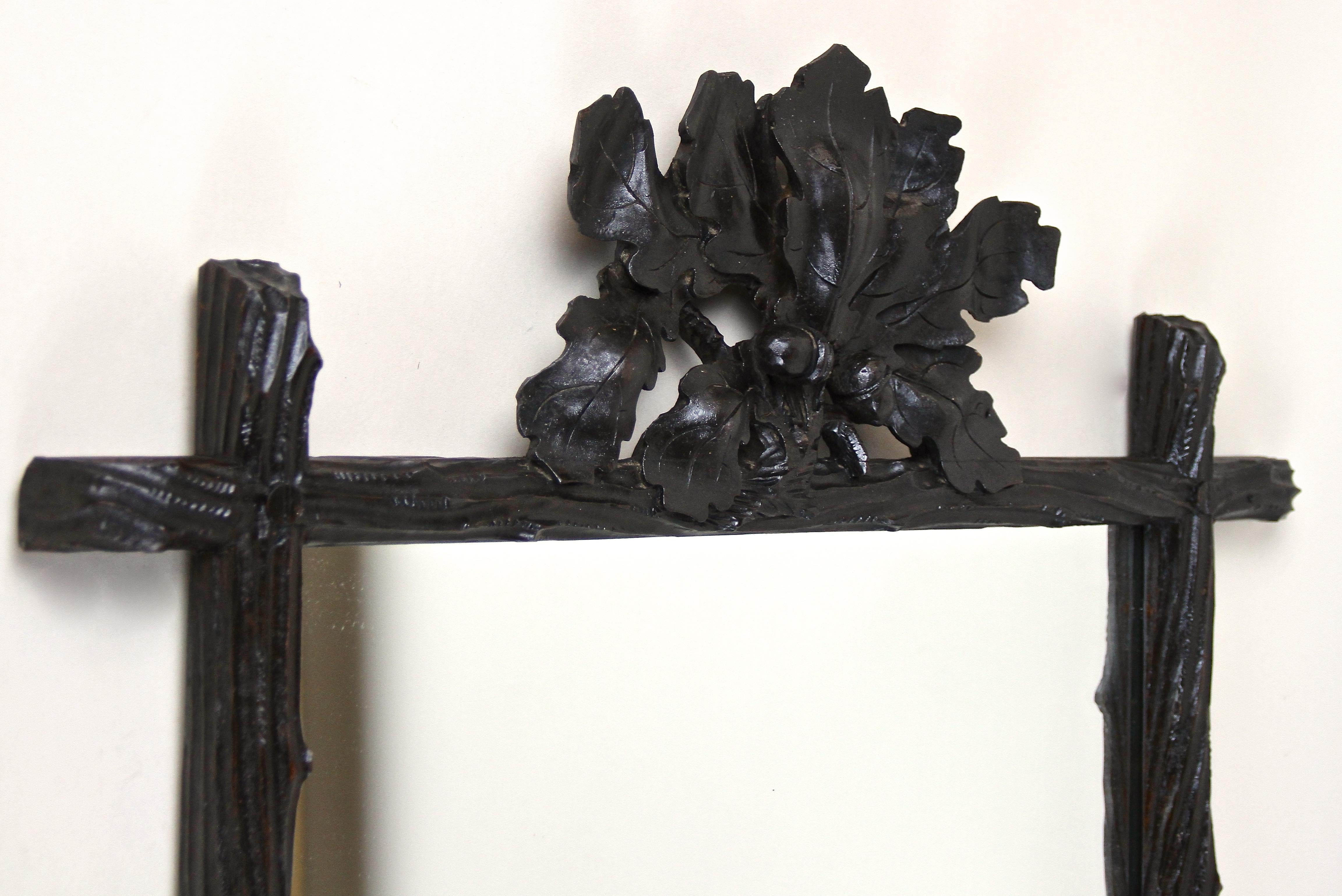 Hand-Carved Black Forest Rustic Mirror With Oak Leaves/ Acorn Carvings, Austria, circa 1870 For Sale
