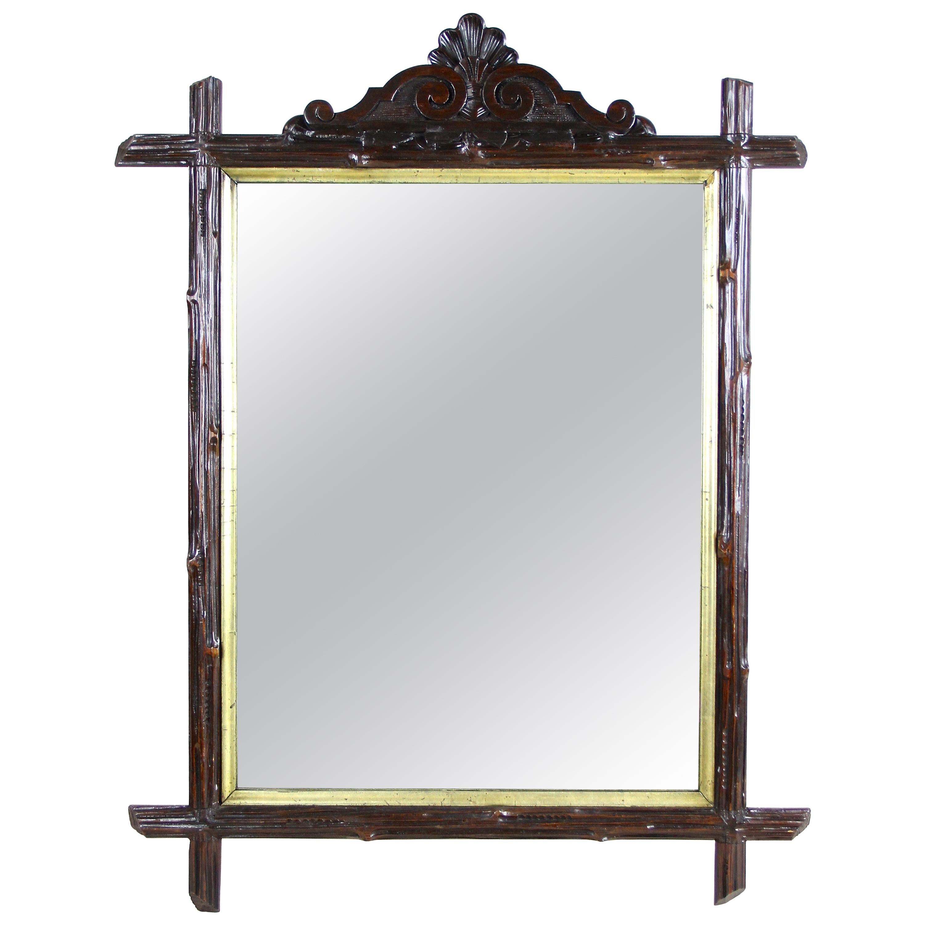 Black Forest Rustic Wall Mirror Bass Wood, Austria, circa 1880 For Sale