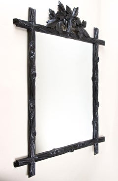 Black Forest Rustic Wall Mirror, Tree Trunk Frame Hand Carved, Austria ca. 1880