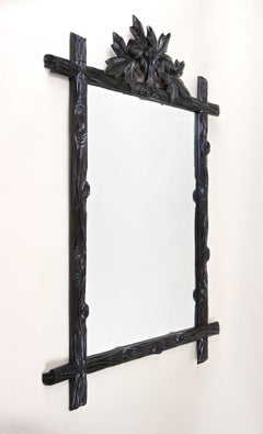 Black Forest Rustic Wall Mirror With Carved Tree Trunk Frame, Austria ca. 1880