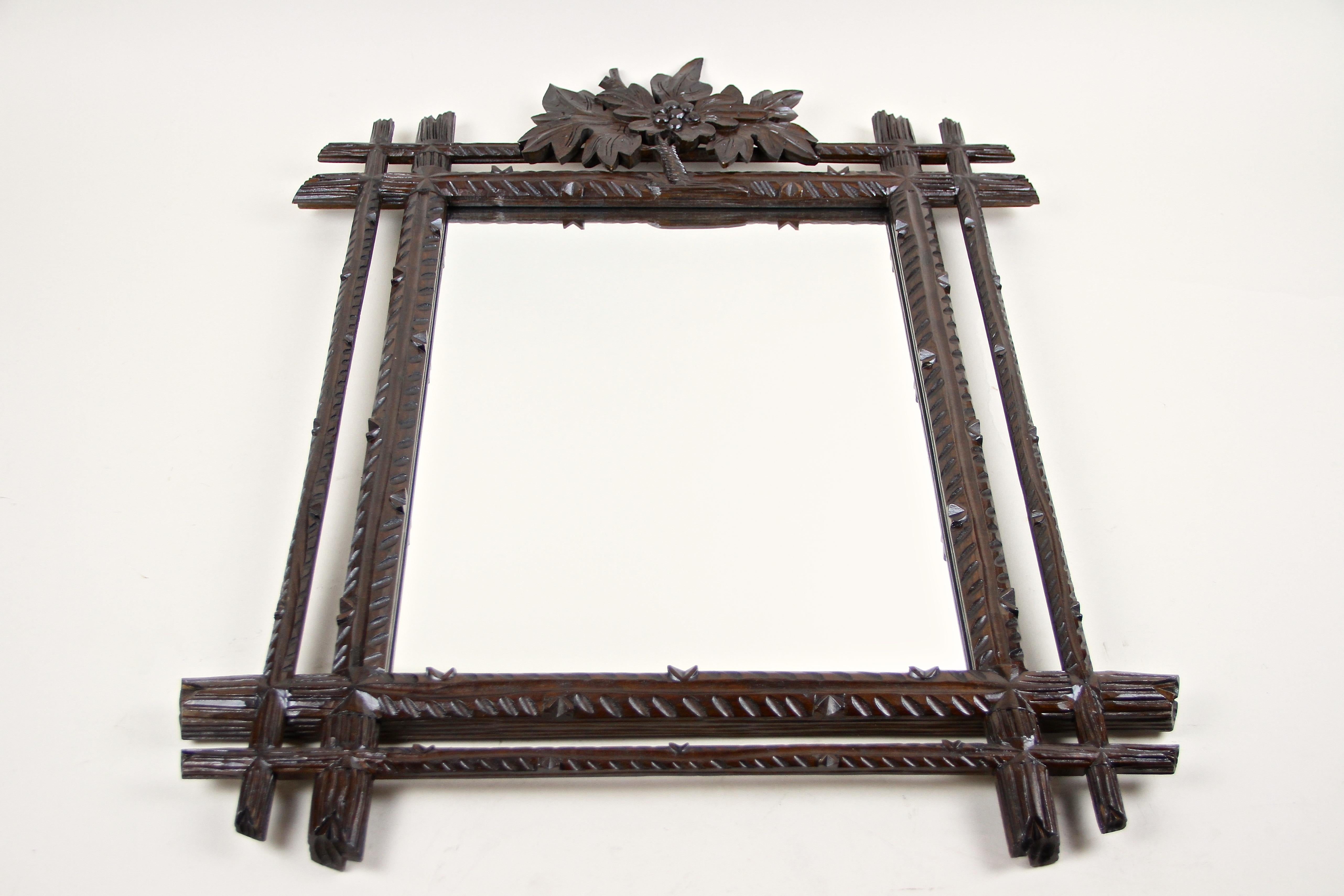 Black Forest Rustic Wall Mirror with Center Top Carving, Austria, circa 1890 For Sale 3