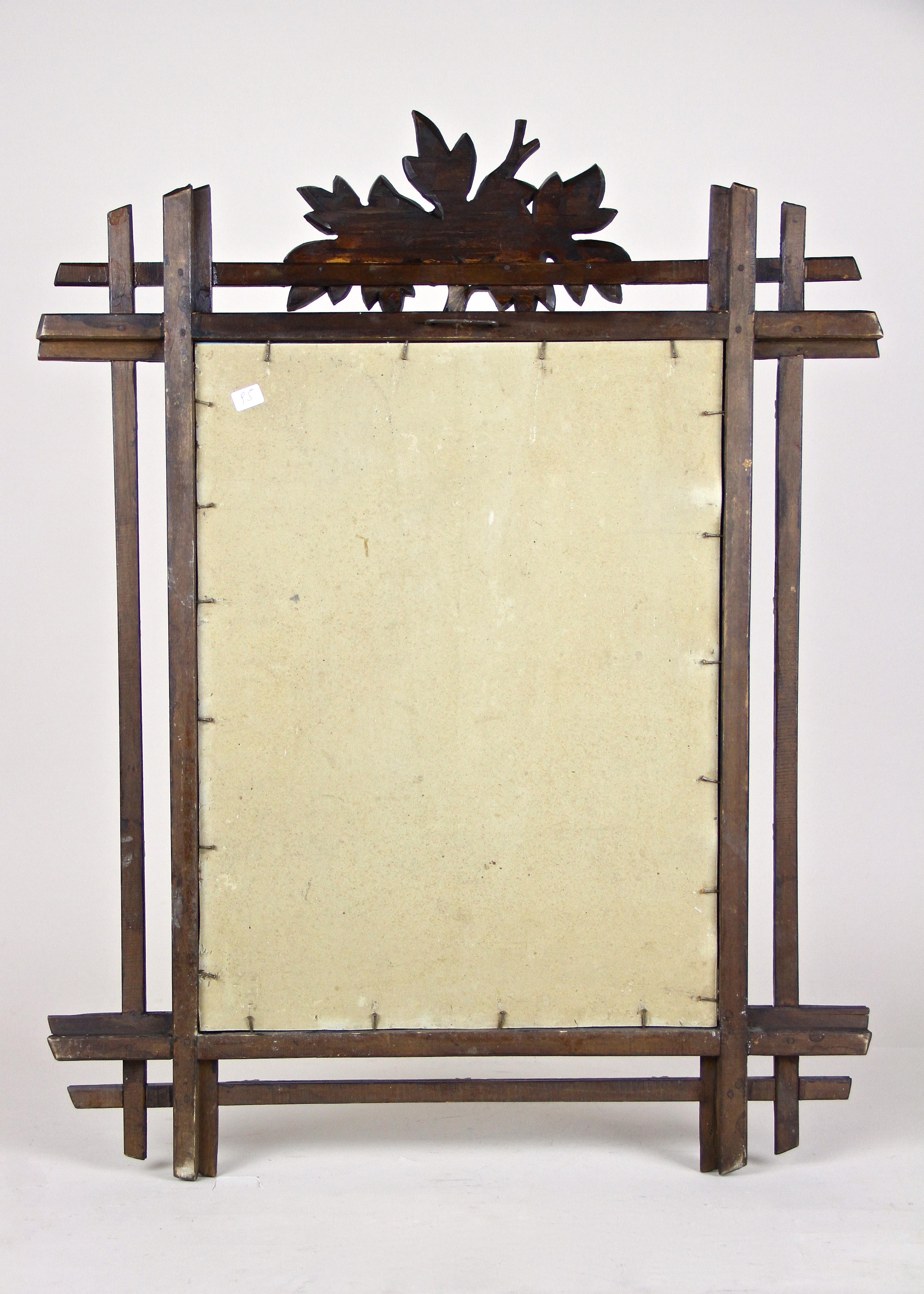 Black Forest Rustic Wall Mirror with Center Top Carving, Austria, circa 1890 For Sale 11