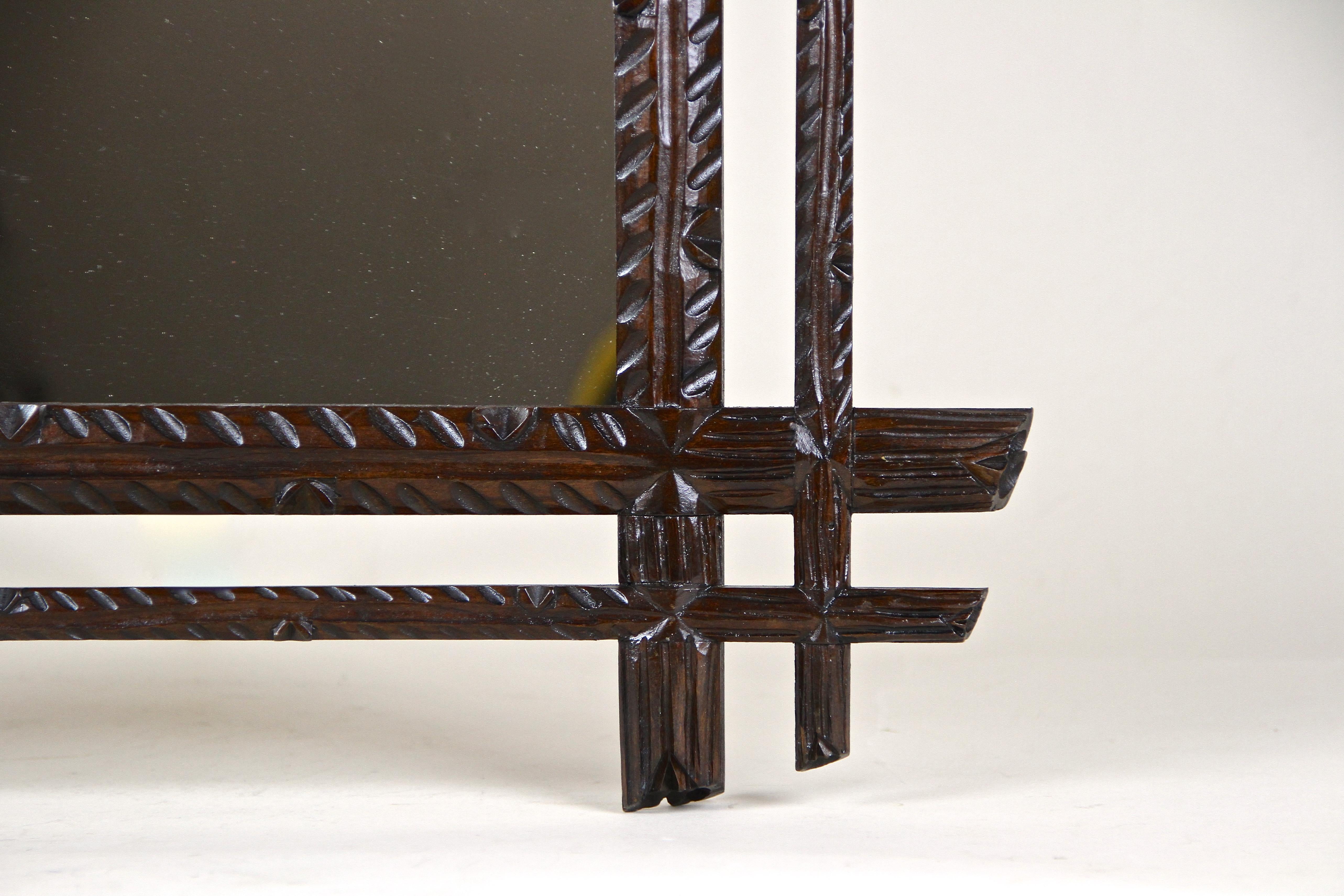 Softwood Black Forest Rustic Wall Mirror with Center Top Carving, Austria, circa 1890 For Sale