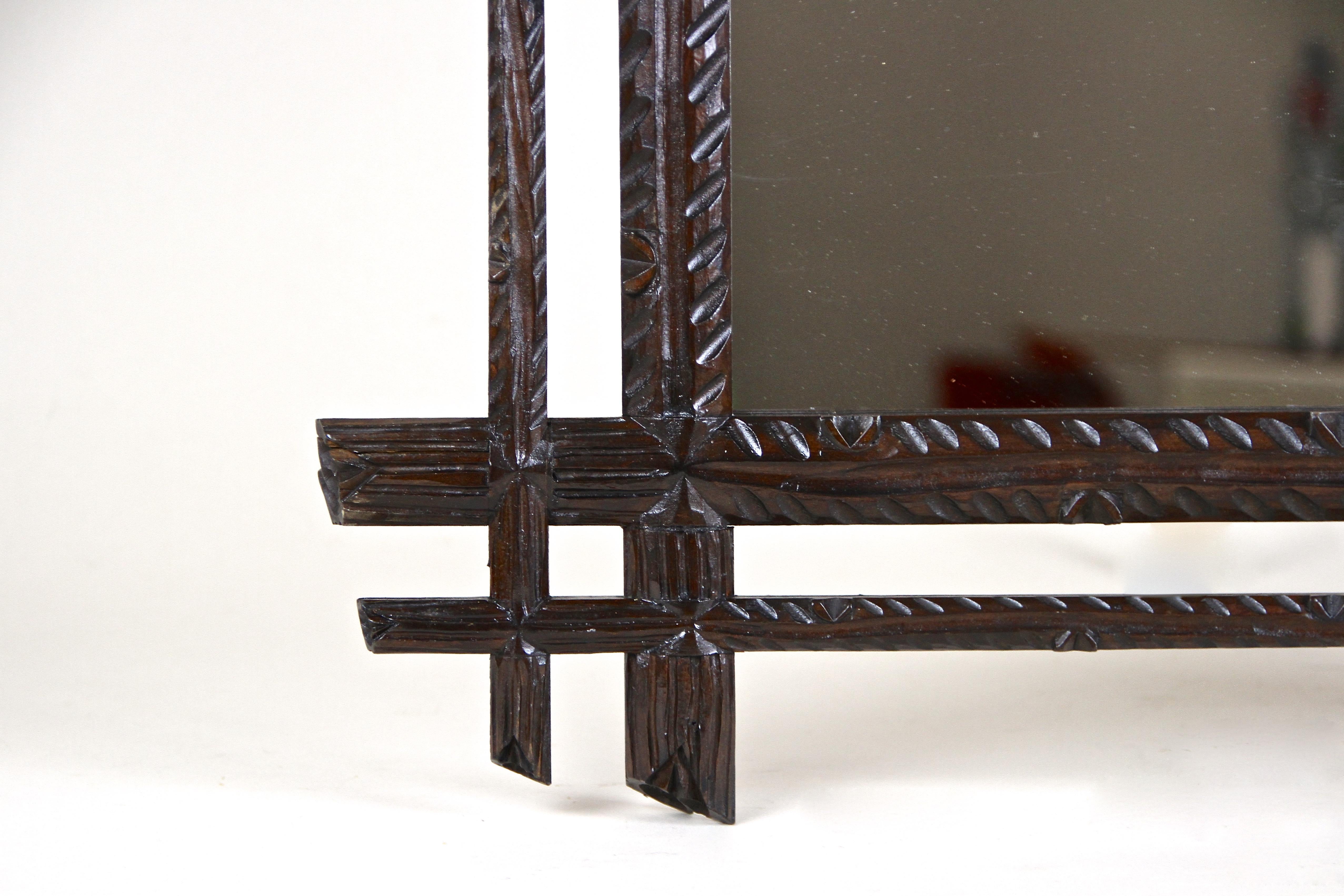 Black Forest Rustic Wall Mirror with Center Top Carving, Austria, circa 1890 For Sale 2