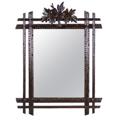 Black Forest Rustic Wall Mirror with Center Top Carving, Austria, circa 1890