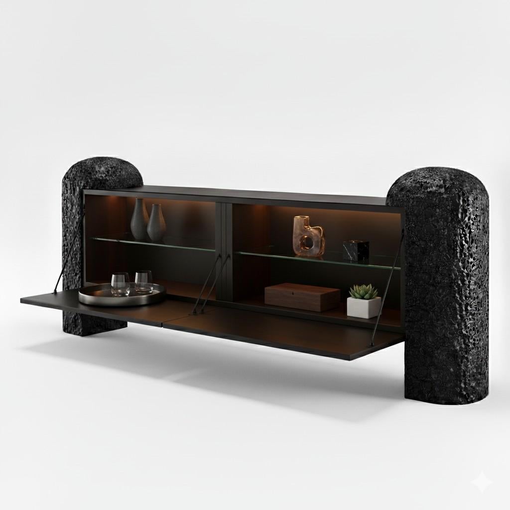 Modern Sculptural Low-Slung Sideboard Ft. Two Oversized Textured Supports-Sidani Design For Sale