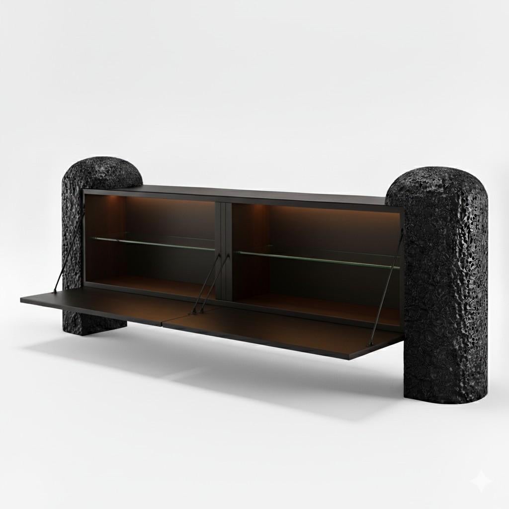 Portuguese Sculptural Low-Slung Sideboard Ft. Two Oversized Textured Supports-Sidani Design For Sale