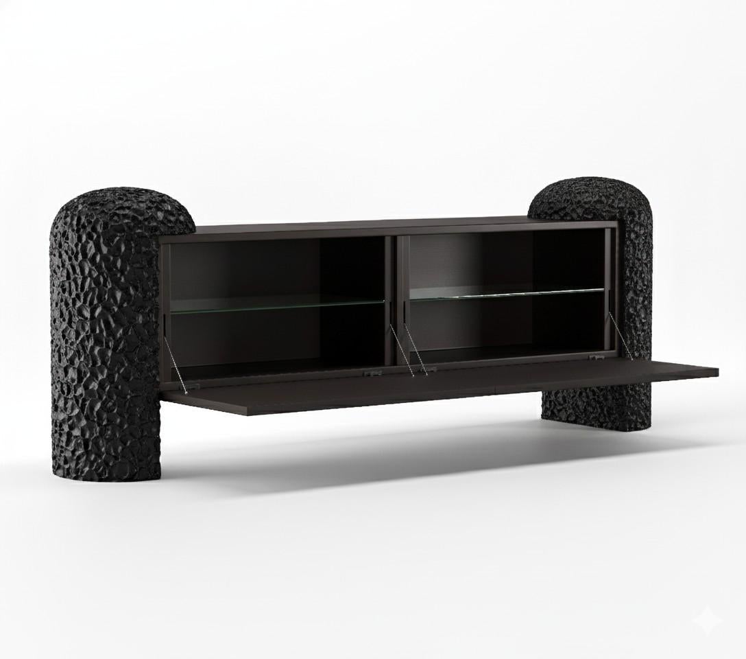 Hand-Carved Sculptural Low-Slung Sideboard Ft. Two Oversized Textured Supports-Sidani Design For Sale