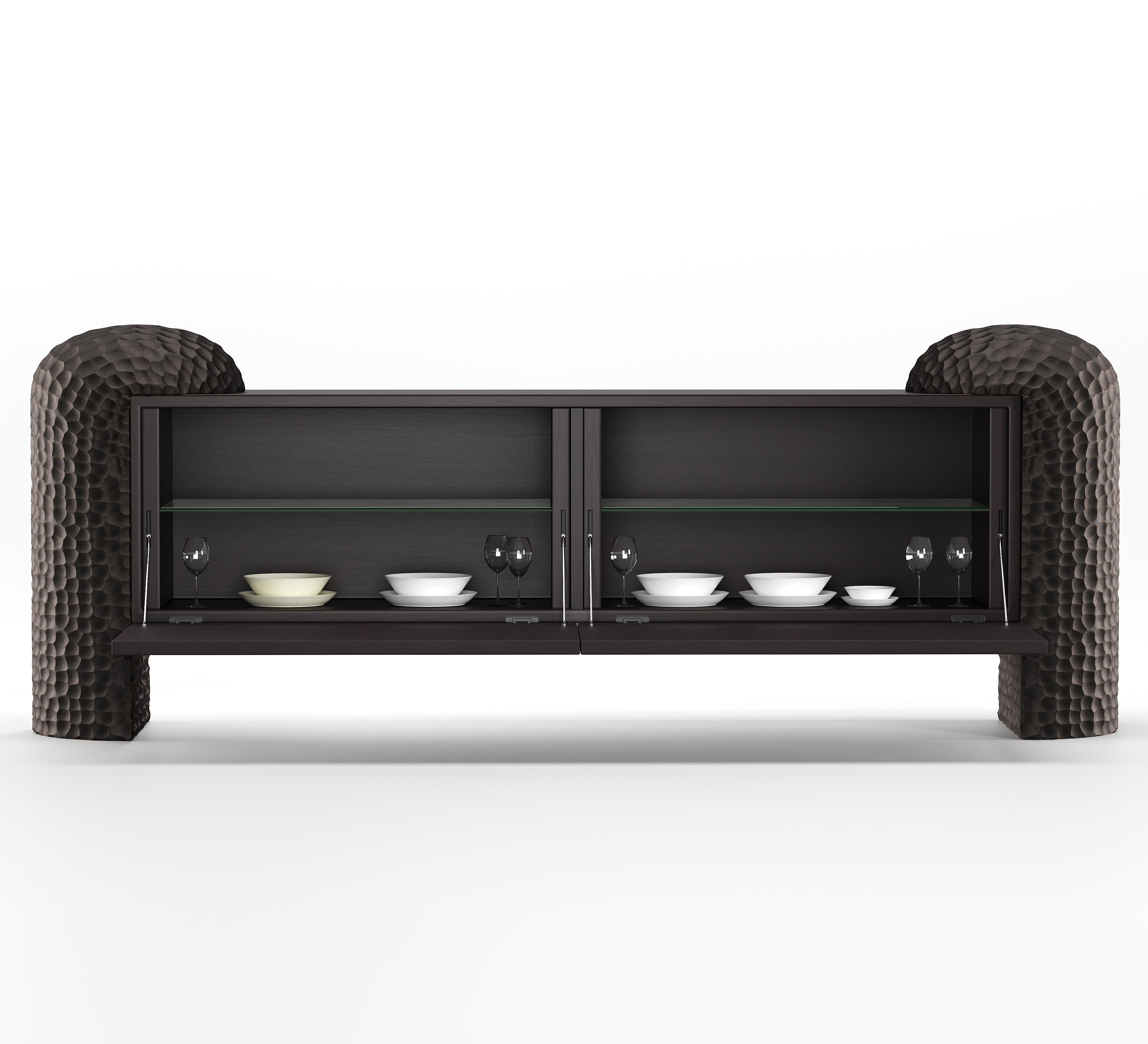 Glass Black Forest Sculptural Sideboard with Hand-Carved Legs in Chocolate Oak For Sale
