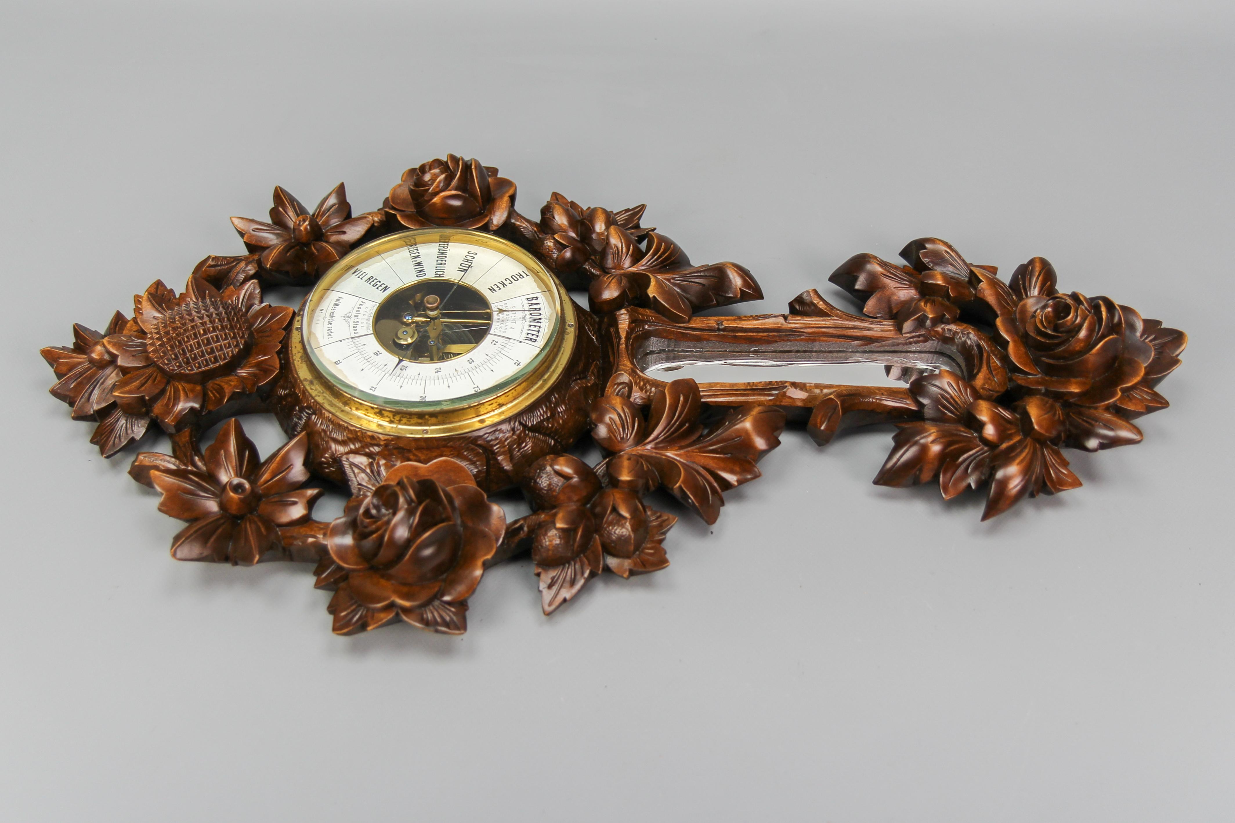 Black Forest Style Carved Walnut Barometer, Germany, ca. 1920 For Sale 6
